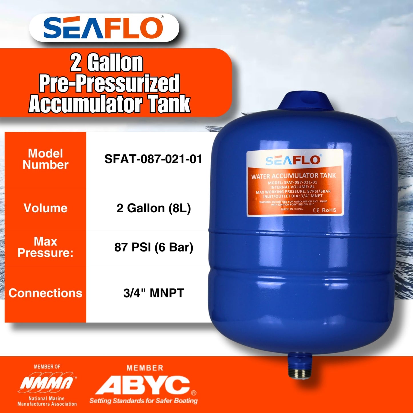 SEAFLO 2 Gallon Pre-Pressurized Accumulator Expansion Tank – Reduces Pump Cycling, Smooth Water Flow, 87 PSI, 3/4" MNPT, Compact Design for RV, Marine, Boat & Off-Grid Systems – 4-Year Warranty