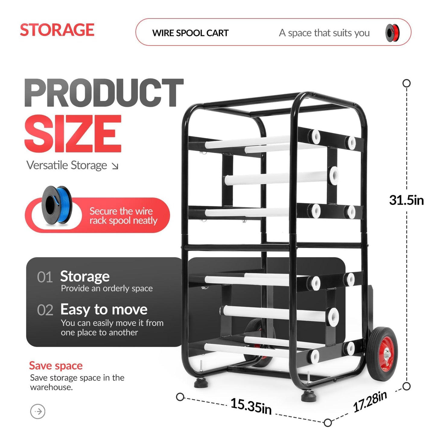 Gelacie Wire Spool Holder Cart, Portable Wire Rack Dispenser with Wheel, 10 Rods, 15X17X31" Display & Storage for Electrical Industrial & Retail Use