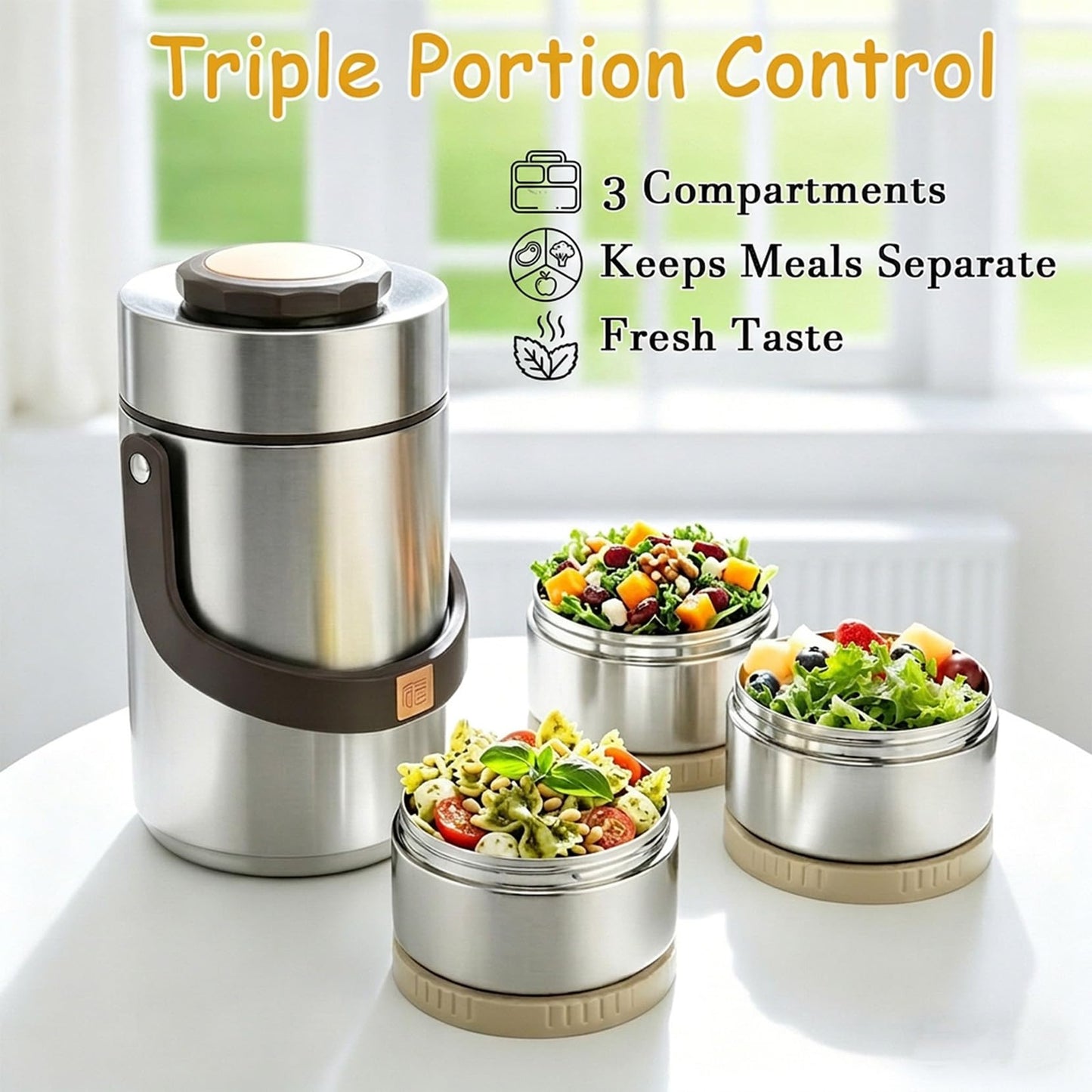 67oz Adults Stainless Steel Vacuum Insulated Thermal Lunch Box, 3 Tier Stackable Sealed Leak-Proof Wide Mouth Portable Bento Food Container, Hot Food Thermo Jar for Soup Office & Outdoor (Silver)