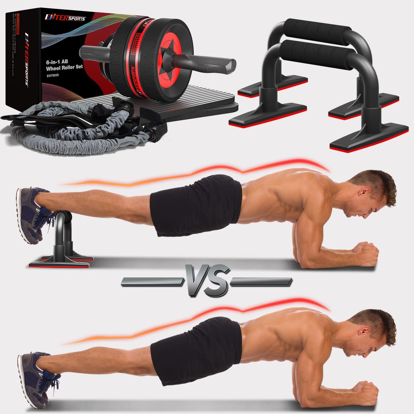 EnterSports AB Wheel Roller, 6-in-1 Exercise Roller Wheel Kit with Knee Pad, Resistance Bands, Pad Push Up Bars Handles Grips, Perfect Home Gym Equipment for Men Women Abdominal Roller (Red)