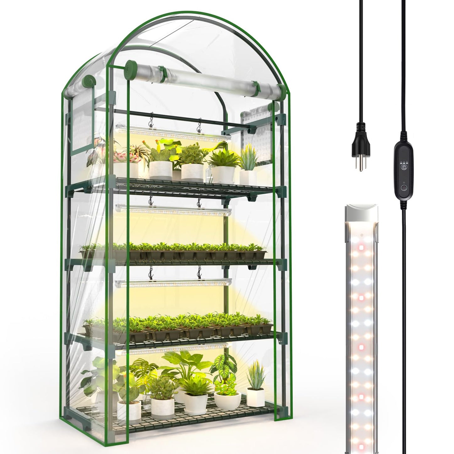 Bstrip Indoor Greenhouse with Grow Light, 4-Tier Mini Green House, 4Pcs Grow Lights for Indoor Plants with Timer, Zippered PVC Grow Tent with Airflow Windows, Indoor Greenhouse Cabinet 35x19.3x63in