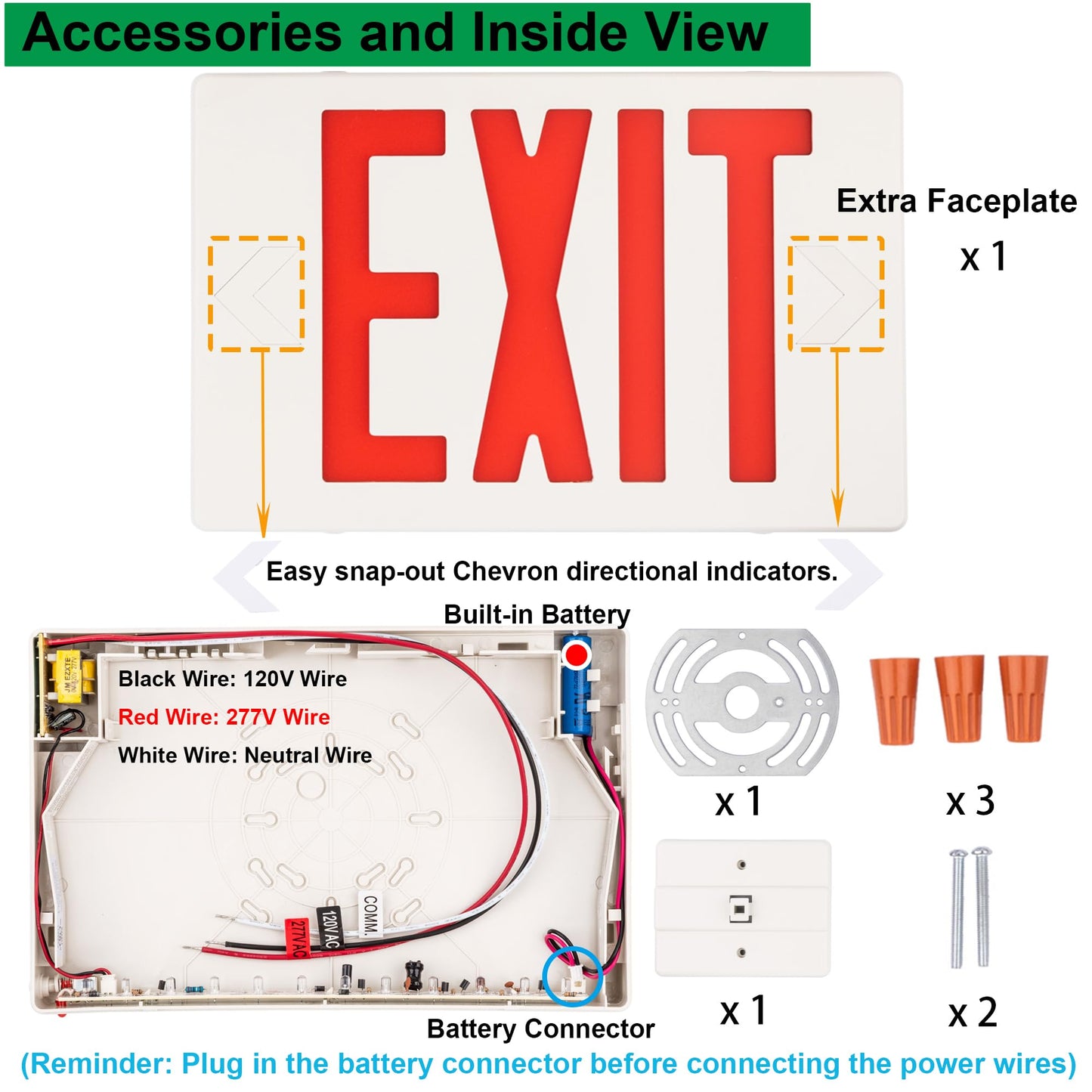 Gruenlich LED EXIT Sign, Emergency Light with Double Face and Back Up Batteries- US Standard Red Letter EXIT, UL 924 Qualified, 120/277 Voltage, 1-Pack