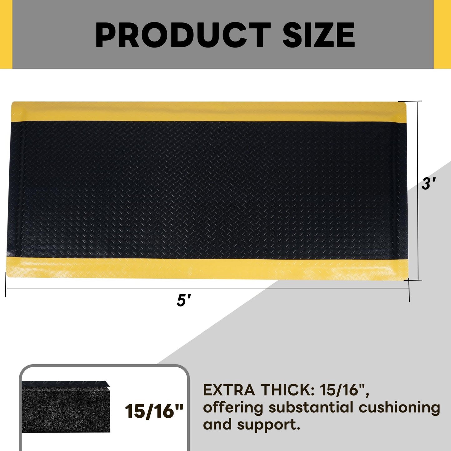 Nisorpa Anti Fatigue Mats Industrial 3' x 5' Ergonomic Standing Mat 15/16" Extra Thick Shop Floor Mat Kitchen Mats Heavy Duty Commercial Diamond Plate Support for Leg & Back Pain