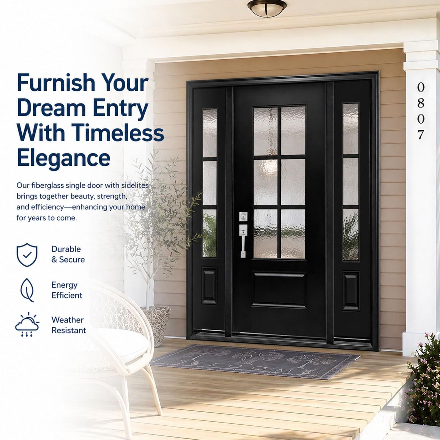 Front Entry Door with 12 in. Sidelite, 64 x 80 Smooth Textured Black Fiberglass Entry Door with Hammered Glass Classical Design (64 in. × 80 in.,Right-Hand Inswing)