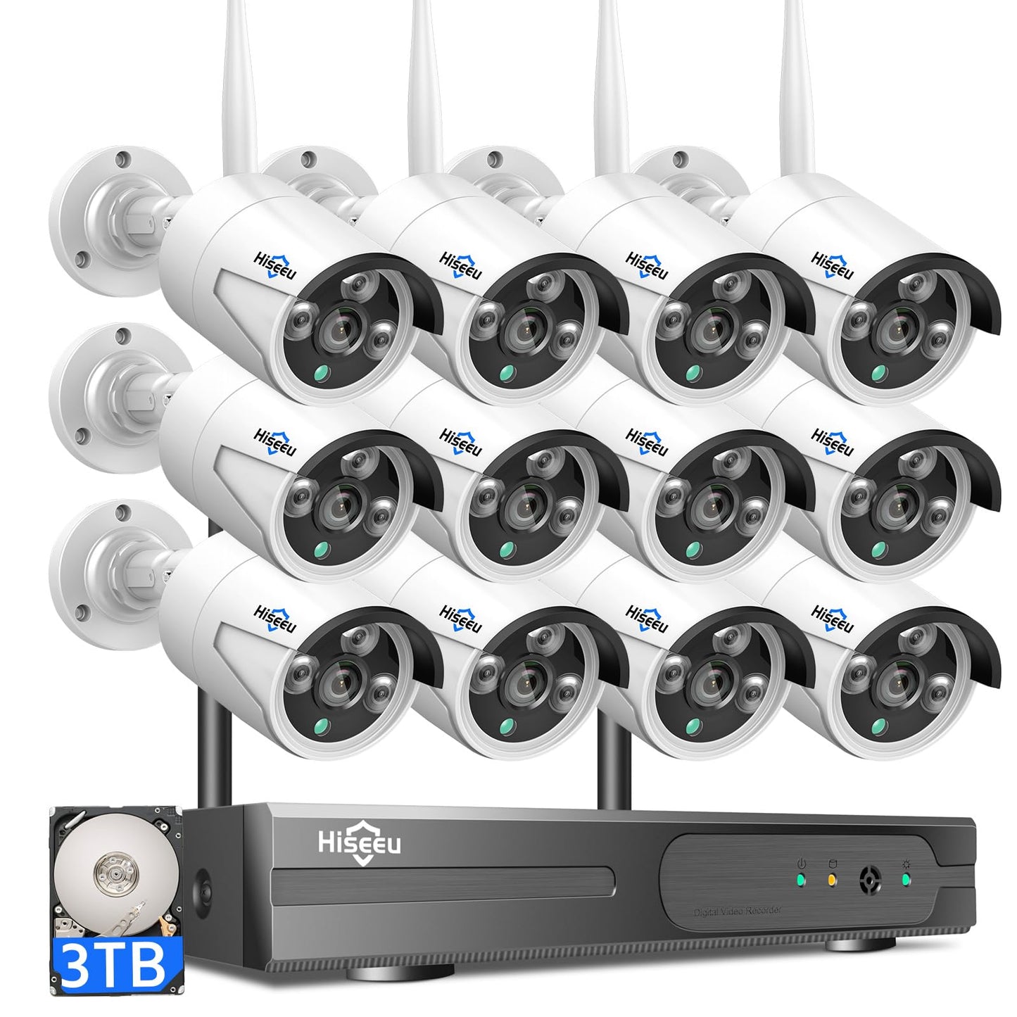 Hiseeu Wireless Pro WiFi Security Camera System, 16CH 4K NVR Kit, Plug-in Powered 12Pcs 5MP CCTV Home Security Camera System for Indoor/Outdoor, Night Vision, Waterproof, Motion Detection, 3TB HDD