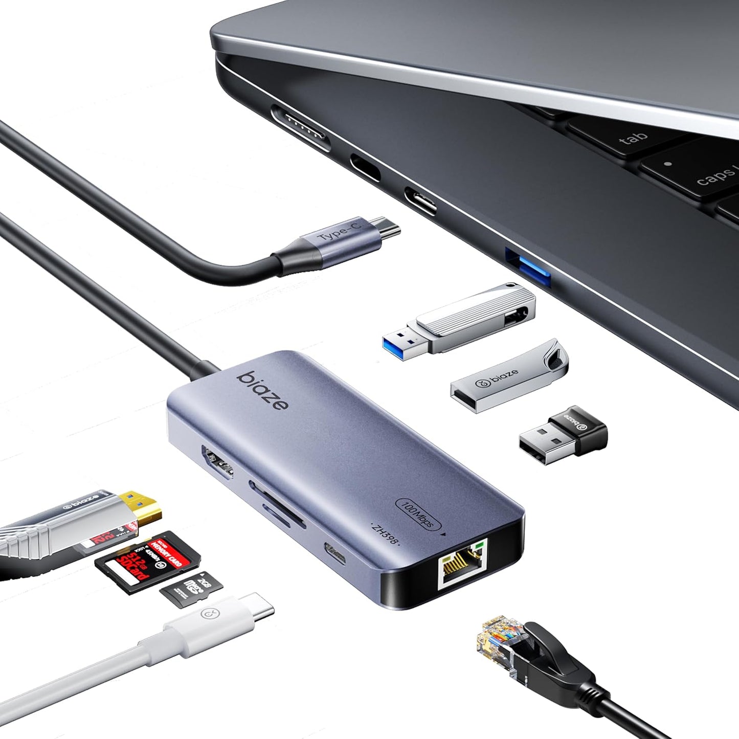 biaze 8-in-1 4K60Hz 100W 3.0, 2.0 2, 100M 7 USB C Hub Adapter for MacBook, HDMI, PD Charging, USB USB * SD/TF Card