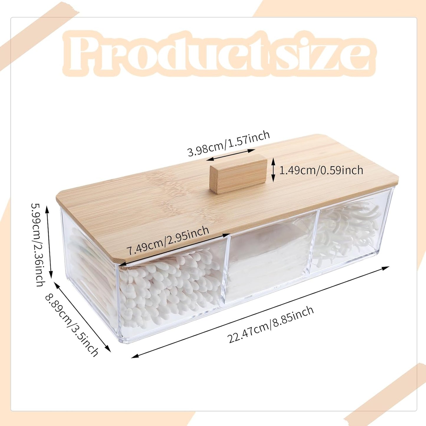 Wood Qtip Holder - 3 Compartment Cotton Ball & Swab Organizer with Lid | Clear Acrylic Makeup Storage