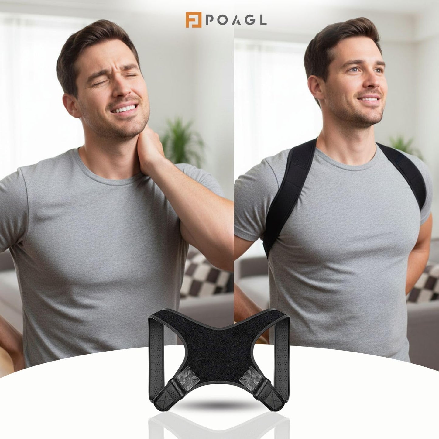 POAGL Adjustable Posture Corrector Brace for Men – Universal Fit Upper Back, Shoulder & Clavicle Support, Helps Improve Posture & Relieve Neck, Shoulder & Back Pain (Patented Design)