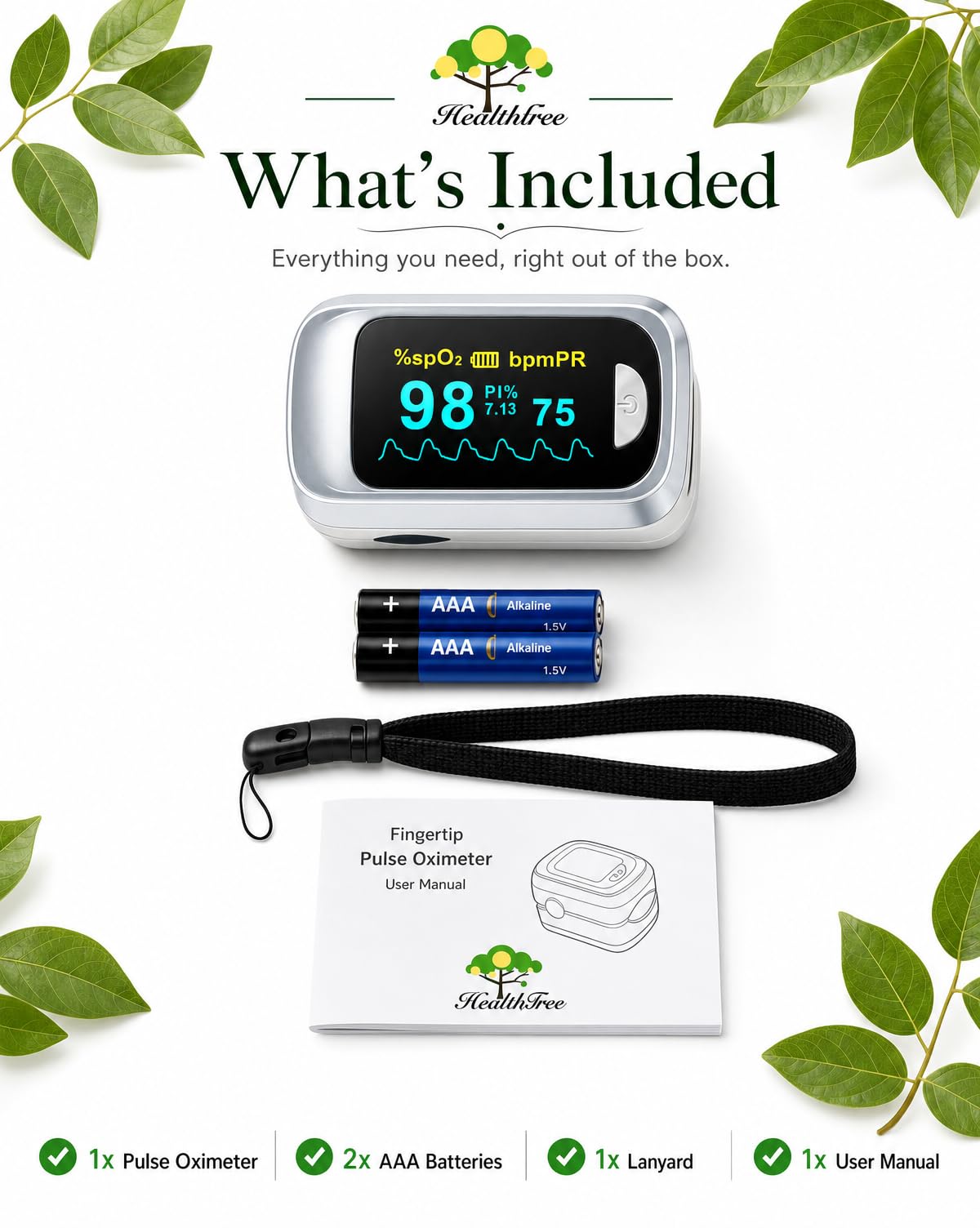 Healthtree JKS50B Pulse Oximeter Fingertip - Blood Oxygen monitor Fingertip with Perfusion Index, Fast 5-8s Reading, Large OLED Display, SpO2 & Heart Rate monitor for Home, Sports, Travel (Includes Batteries & Lanyard)