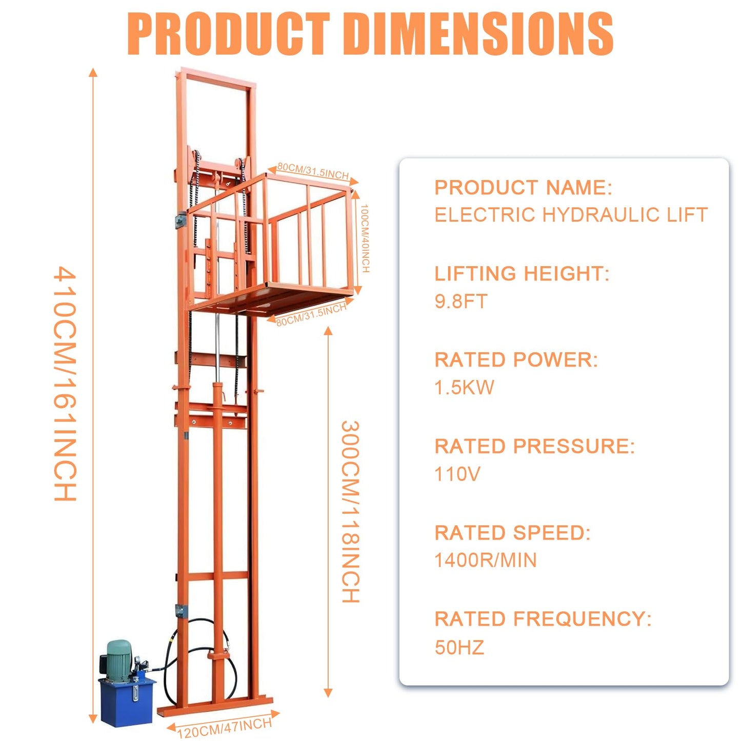 2200Lbs Load Electric Lift Platform 9.8FT Lifting Height Home Elevator Wall Mounted Hydraulic Lifting Rail Hoist for Home、Factory、 Warehouse