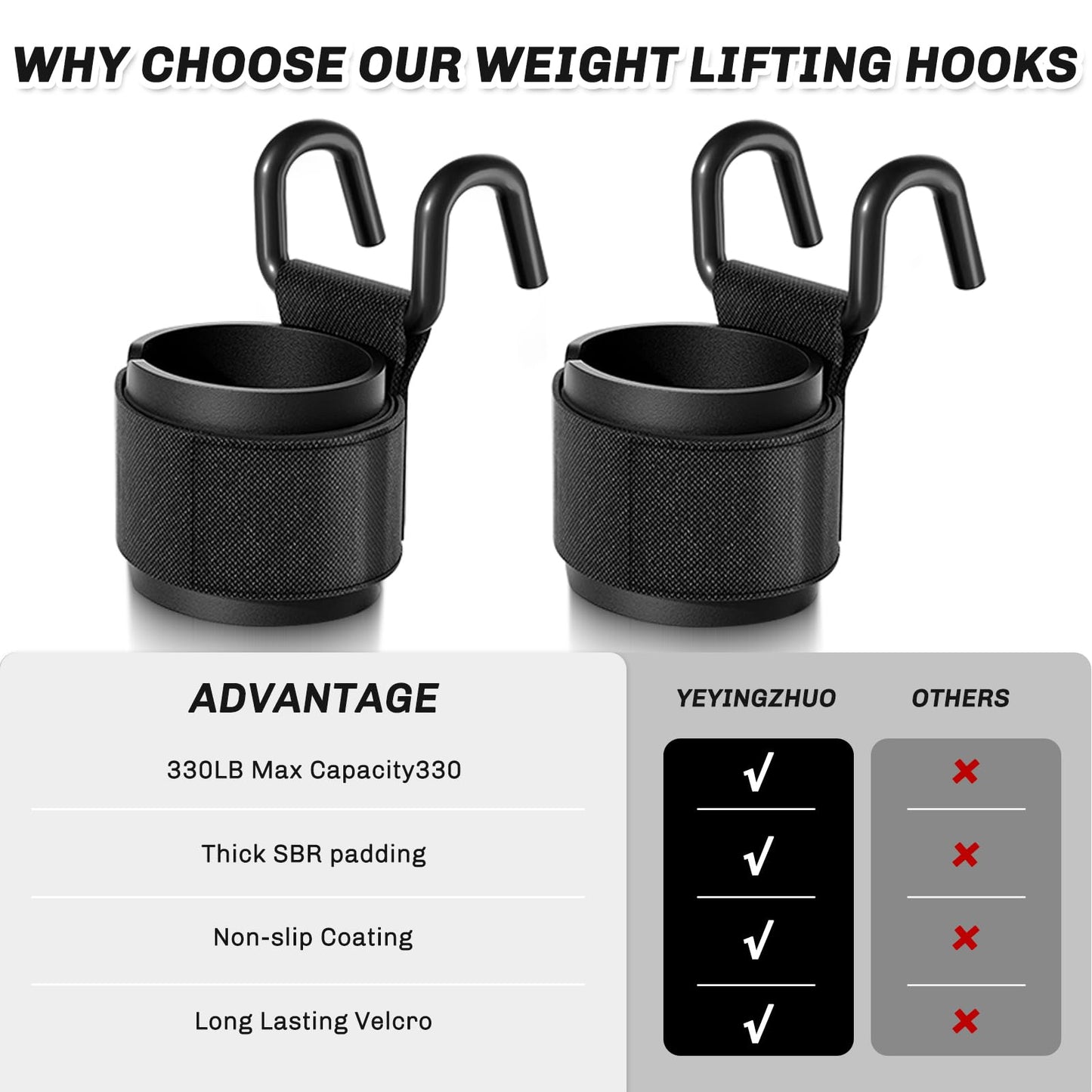 YEYINGZHUO Weight Lifting Hooks, 1 Pair Lifting Hooks for Weight Lifting, 330 LB Heavy Duty Gym Lifting Wrist Strap Hook for Deadlifts, Pull-Ups, Strength Training 0.4inch Grip Weightlifting Hooks for Teen