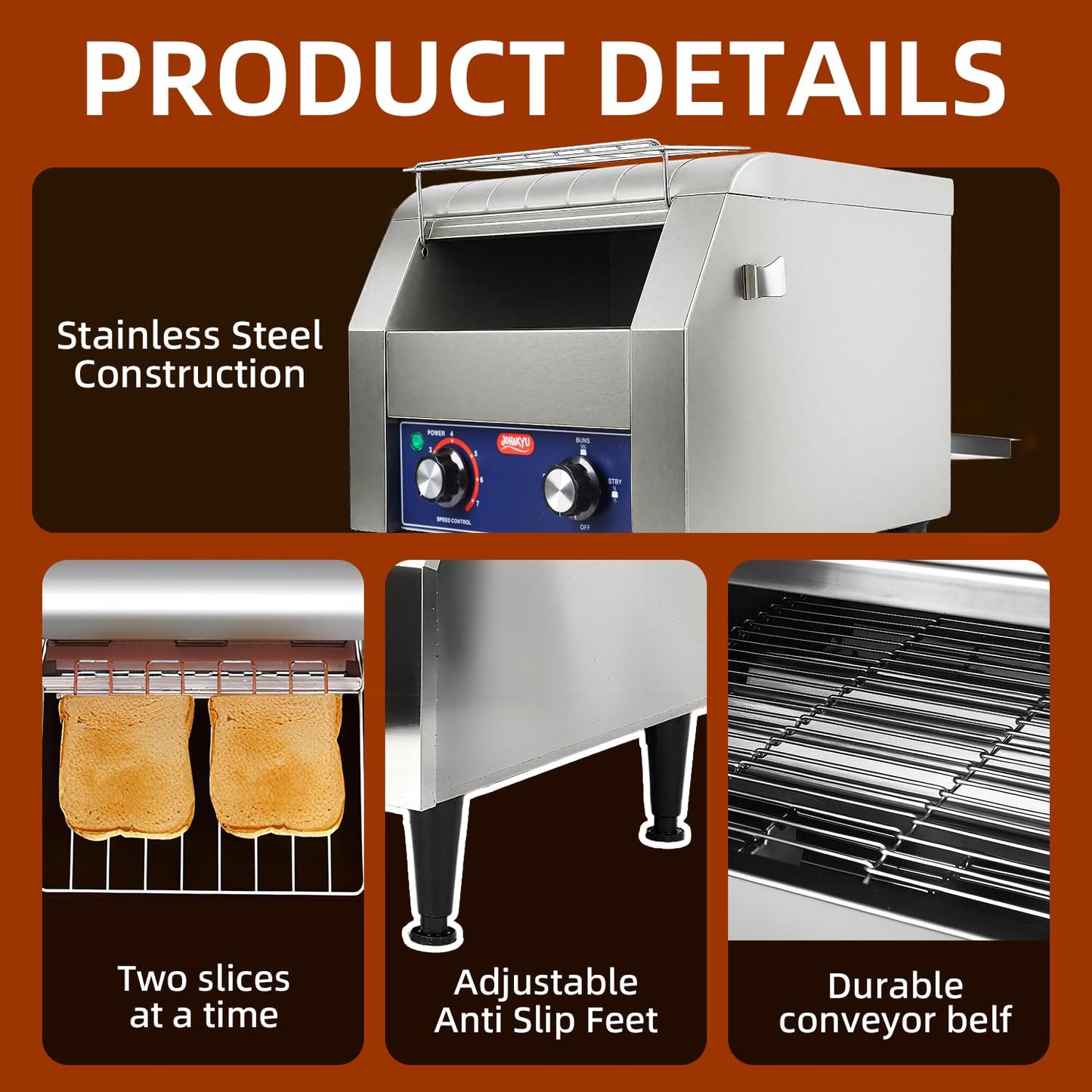 JOHAKYU Commercial Conveyor Toaster, 300 Slices/Hour Heavy Duty Stainless Steel Toaster for Buns, Bagels & Bread, Restaurant Grade with Cleaning Accessories