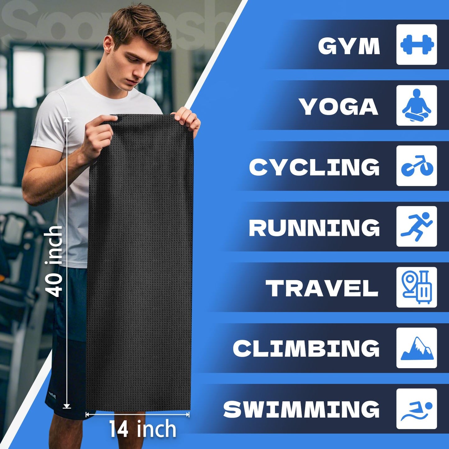 SOOWASH Microfiber Gym Towels for Working Out, Sweat Towels, Workout Gear for Body Sweat Quick Dry Lightweight Fast Drying, Women & Men,Hot Yoga, Exercise, 14"X40" Black
