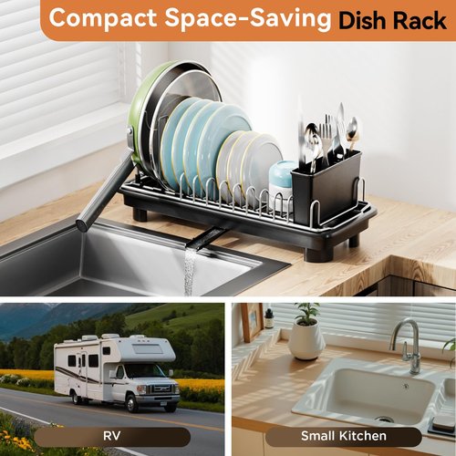 Laveshop Small Dish Drying Rack, Compact Dish Drainer for Kitchen Counter, with Adjustable Back Slots, Space-Saving for Small Kitchens, Black