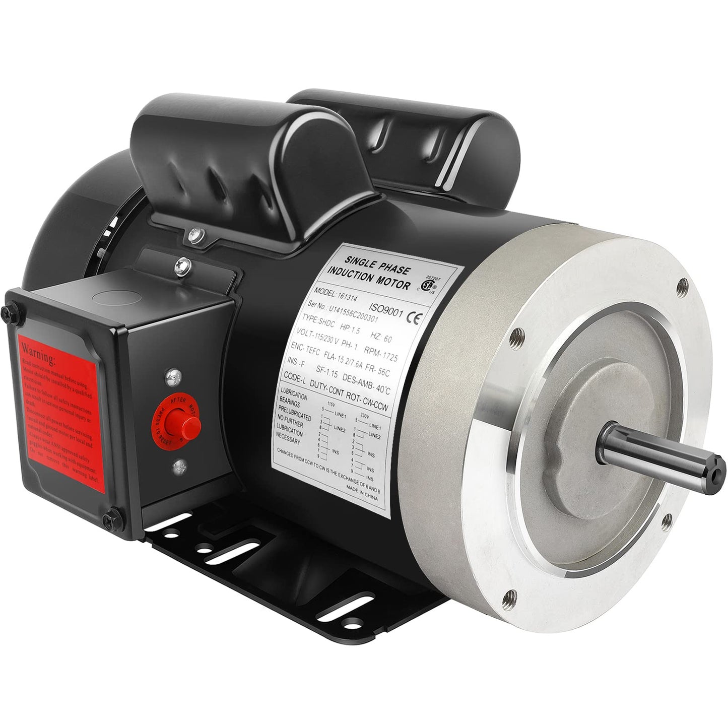 1.5HP Electric Motor General Purpose Single Phase Motor 1750RPM 56C 115/230V 5/8" Shaft Diameter CW/CCW TEFC IP55 60HZ