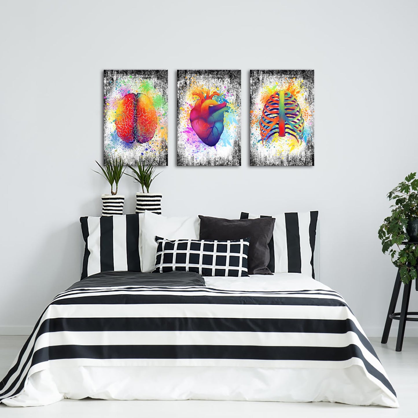 sechars Canvas Wall Art Human Brain Rib Cage Heart Painting Art for Medical Office Wall Decor Education Science Artwork Framed Gifts for Students Doctors (16x24inchesx3pcs)