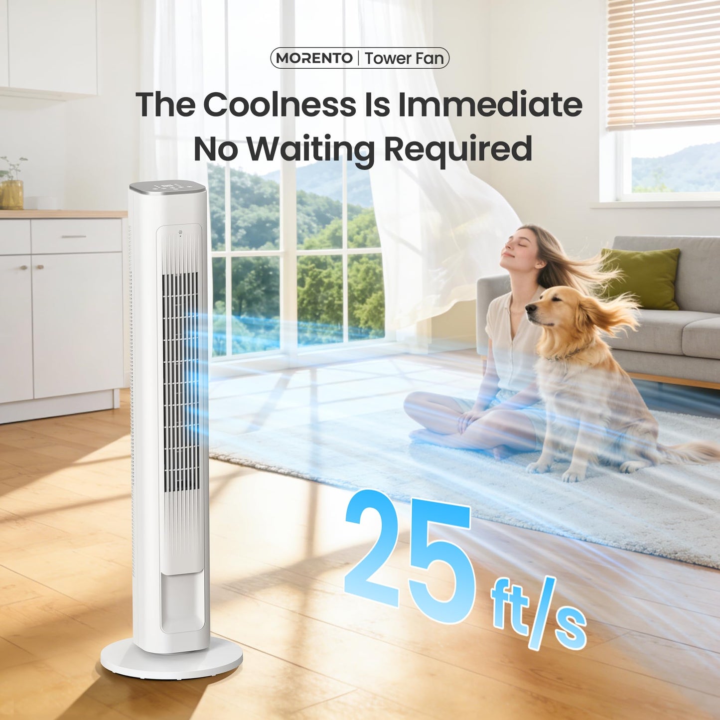 MORENTO Tower Fan for Bedroom, 2026 Upgraded 90° Oscillating 43" Standing Fan with 4 Speeds, 4 Modes, 25ft/s Velocity Bladeless Fan with APP/Voice/Remote/Touch Control, 28dB, 12H Timer, White 1Pack