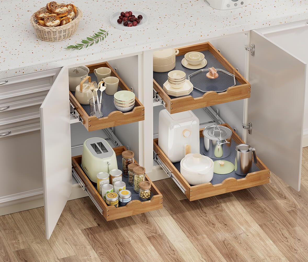 OCG Pull Out Drawers For Kitchen Cabinets 14"W x 21"D, Slide out Wood Drawer Shelf, Pull Out Shelves for Base Cabinet Organization in Kitchen, Pantry, Bathroom