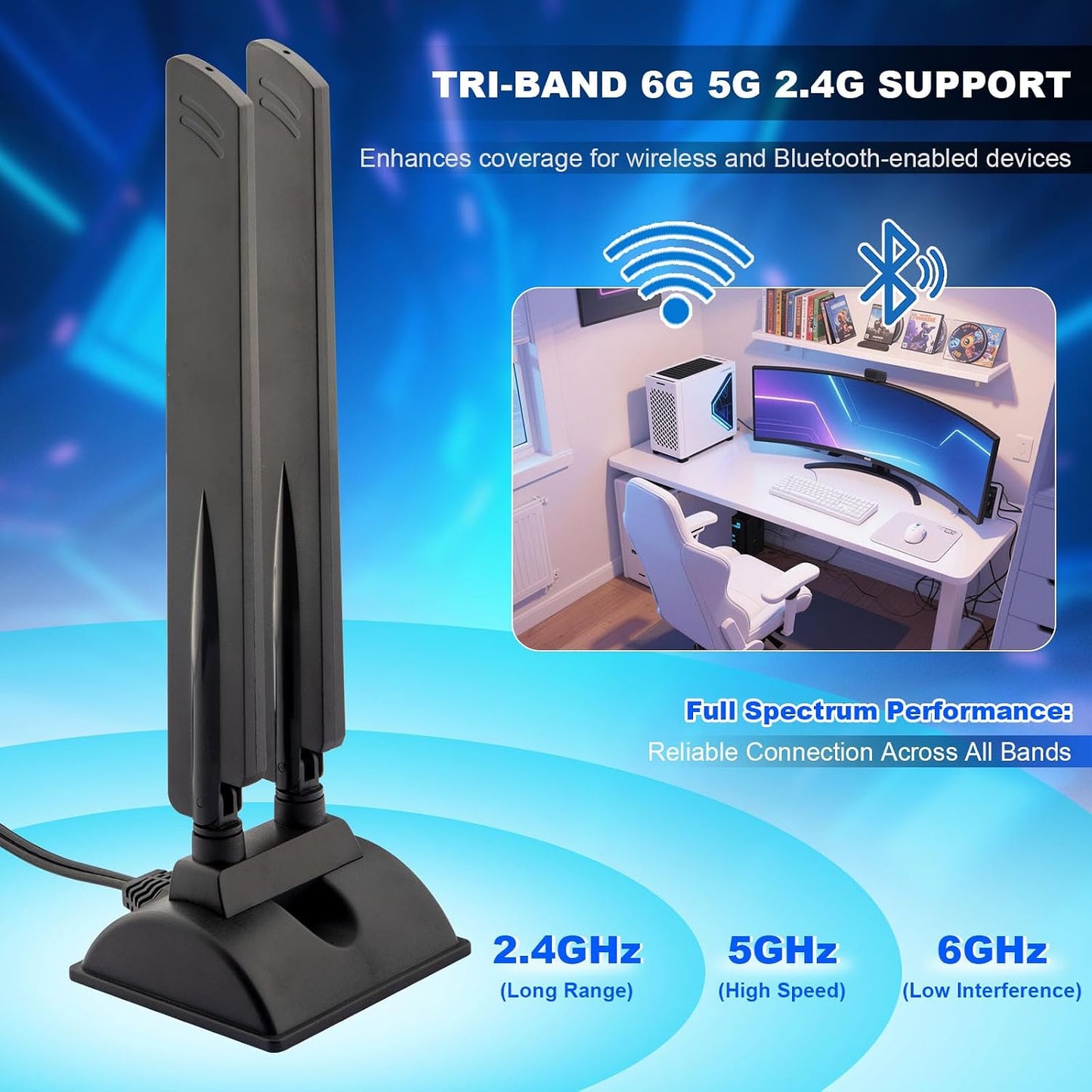Kaunosta 6E 6GHz 5GHz 2.4GHz WiFi Antenna Tri-Band RP-SMA WiFi Antenna Magnet Mount Base for PC Desktop Computer