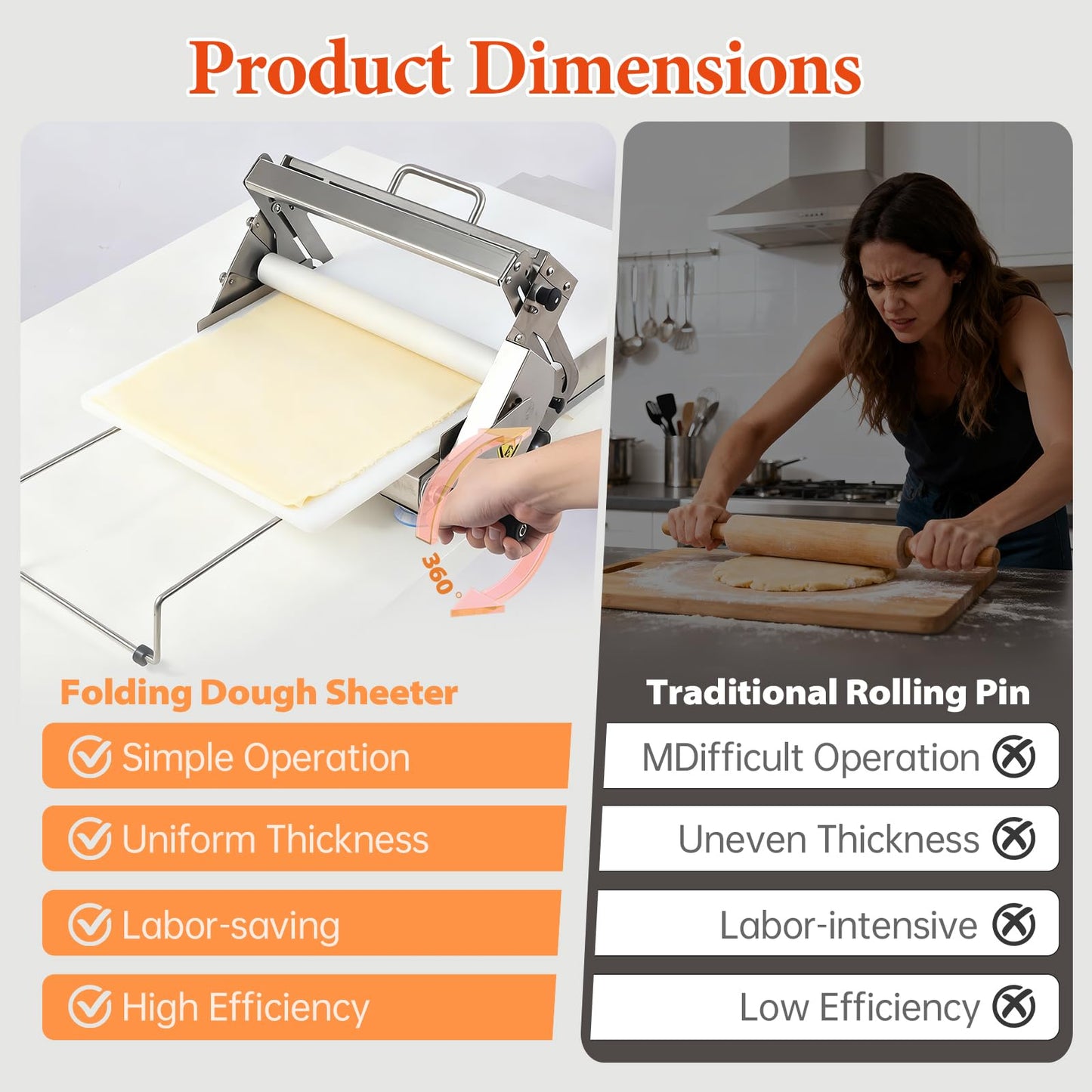 32.6" x 11.8" Folding Manual Dough Sheeter with PE Board – Stainless Steel Countertop Dough Roller Machine, Adjustable Thickness (0–25mm) for Pastry, Pizza, Croissant, Cookie & Pasta