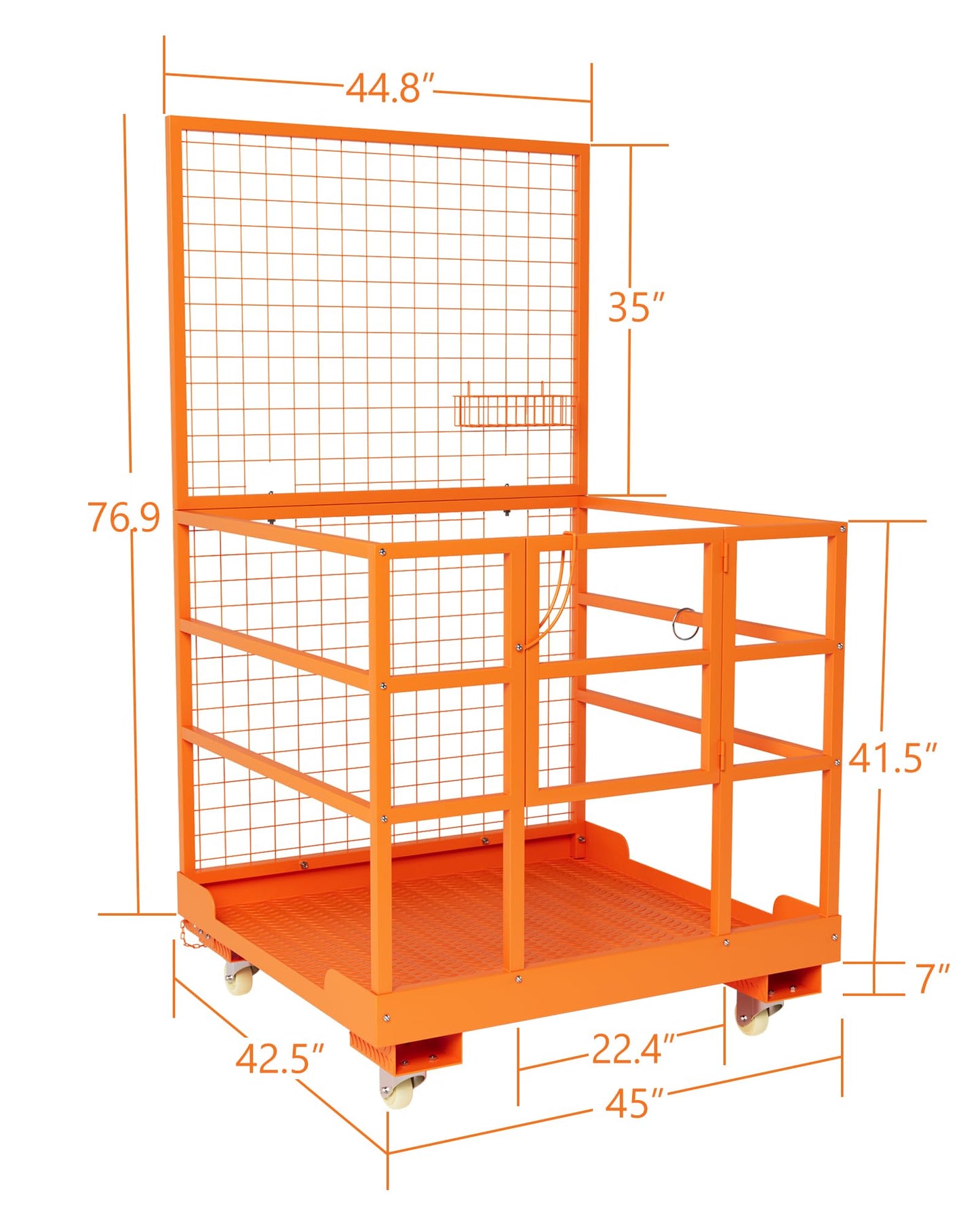 GarveeTech 45 in x 43 in Forklift Safety Cage, 1800 LBS Max. Heavy Duty Steel Forklift Man Basket with Safety Harness & Wheels, Aerial Work