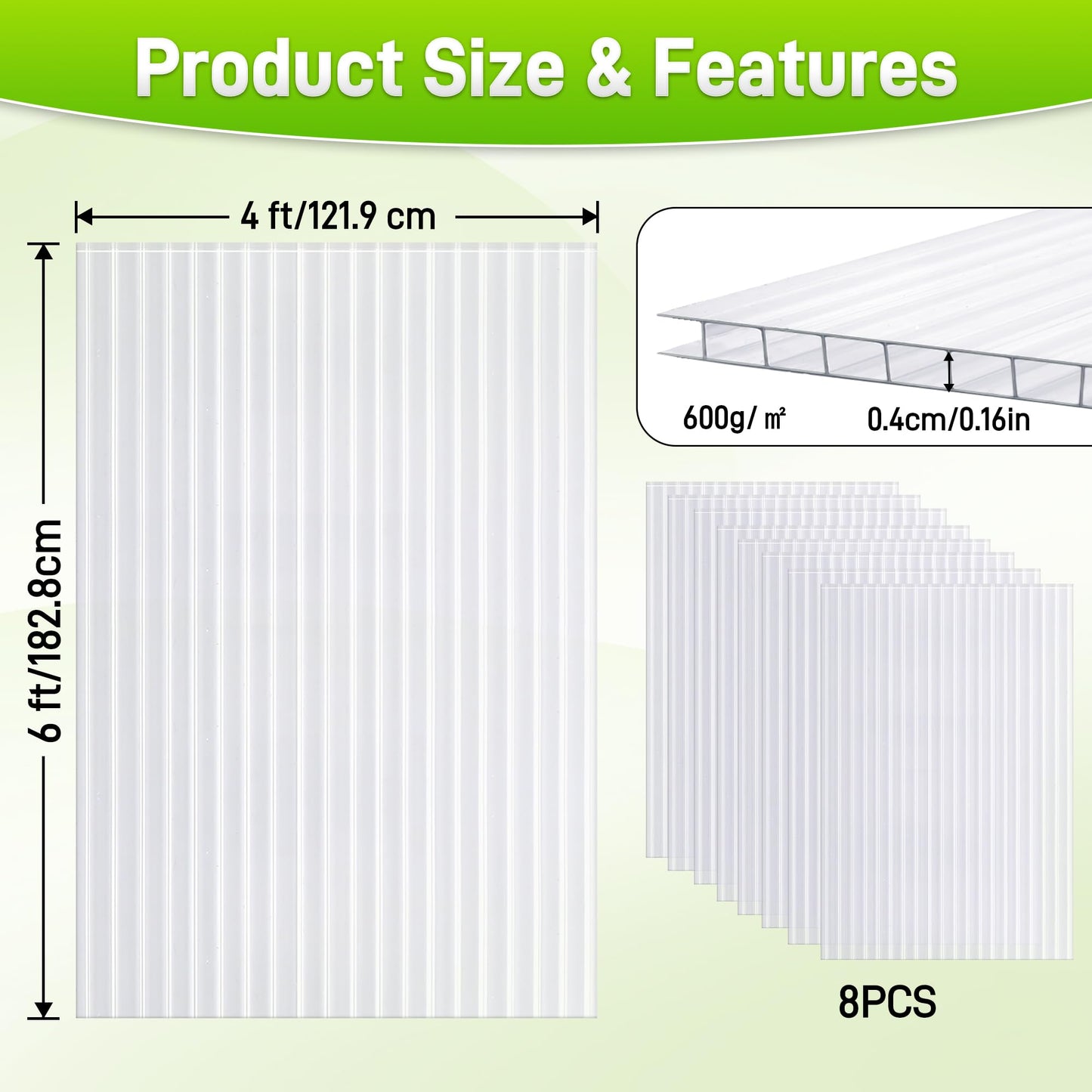 Quibbay 8PCS Polycarbonate Greenhouse Panels, 6' x 4' x 0.16'' Twin-Wall Panels Polycarbonate Sheet, Clear Waterproof UV Protected Corrugated Plastic Roof Panels for Greenhouse Replacement
