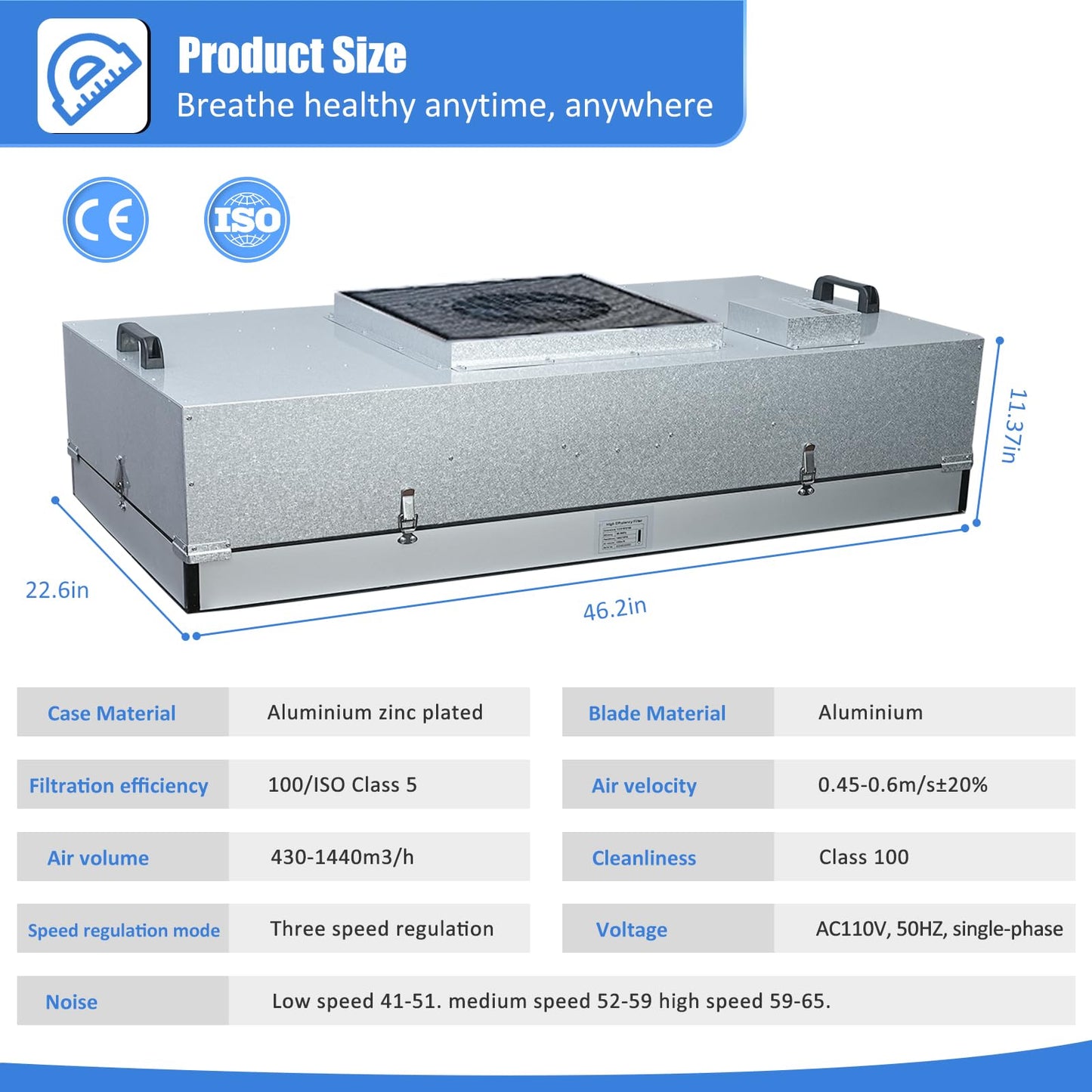 HEPA H14-Filter Laminar Flow Hood Updated FanFilter Unit（Include HEPA Filter）100/ISO Class 5 Cleanroom/Laboratory/Cleanroom/Mushroom Room, Laminar Air Flow Hood(46.2"x22.6"110V)