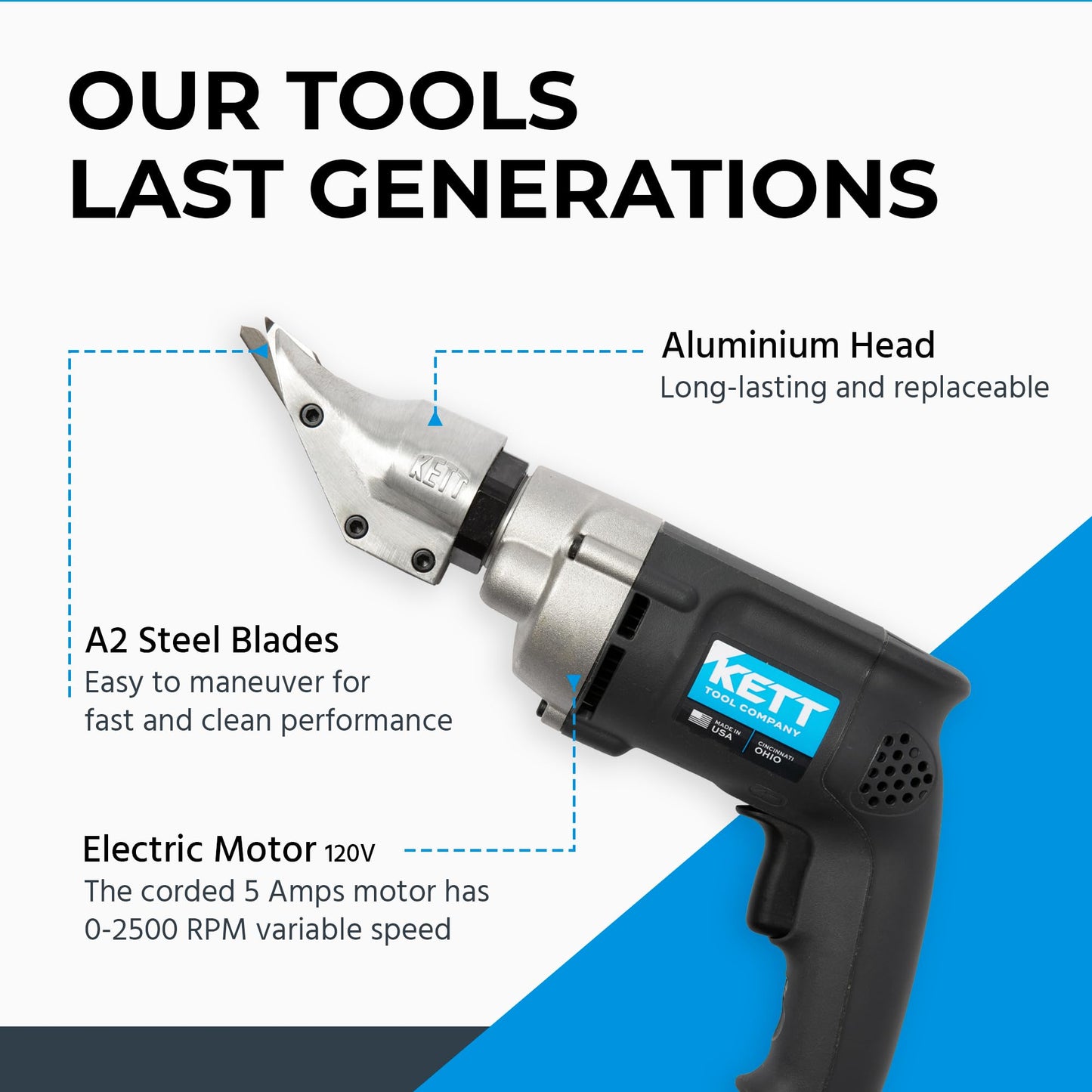 Kett KD-400 18-Gauge Double Cut Shear, 2500 RPM, A-2 steel blades, Metal Cutter Tool, Electric Shears, For Metal Fabricators, Automotive, HVAC