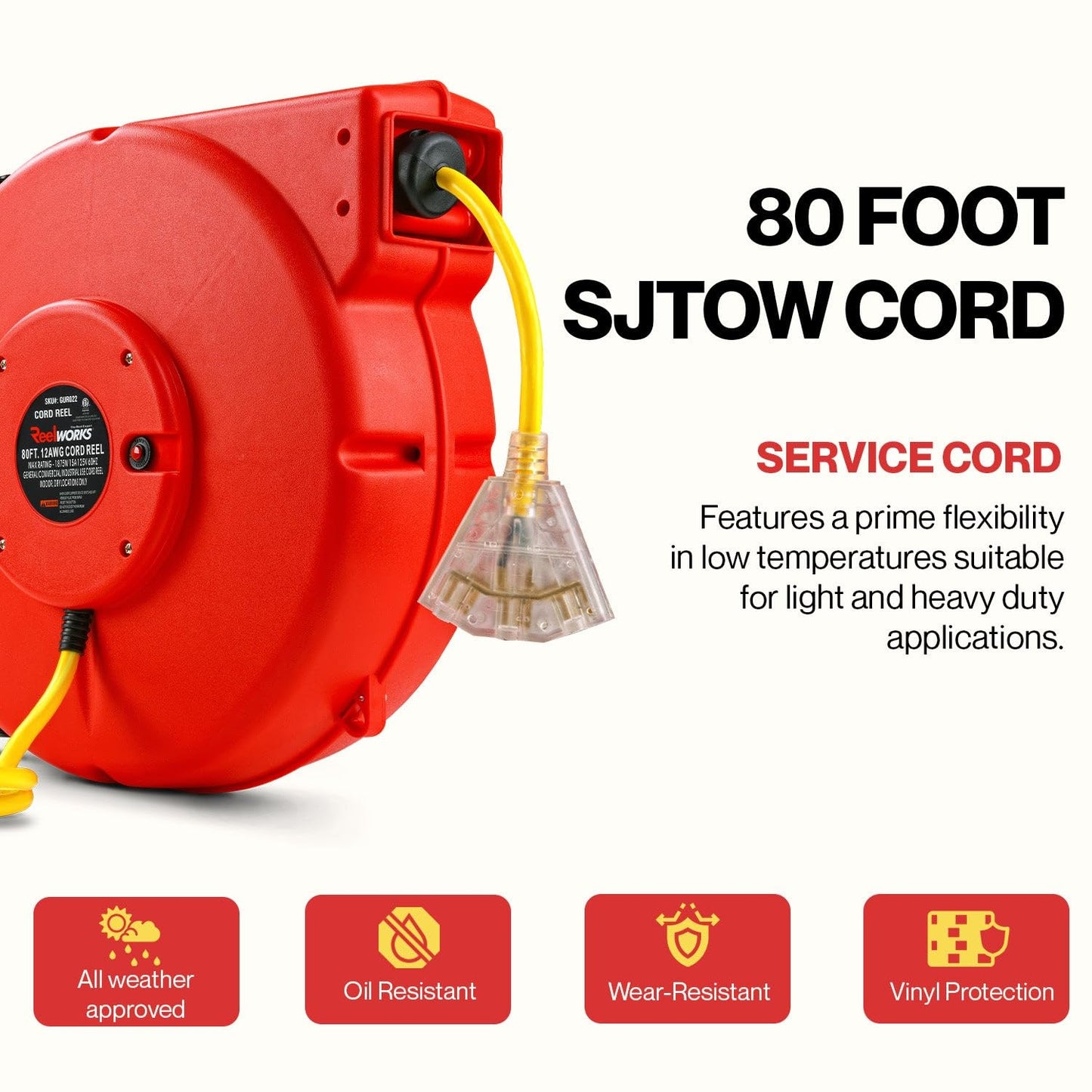 ReelWorks Extension Cord Reel Retractable Longest Industrial 12awg x 80' Foot Commercial Premium Grade Ultra Flexible 3C/SJTOW Glow Strip Cable and Led Light Up Triple Tap Connector Use Indoor/Outdoor