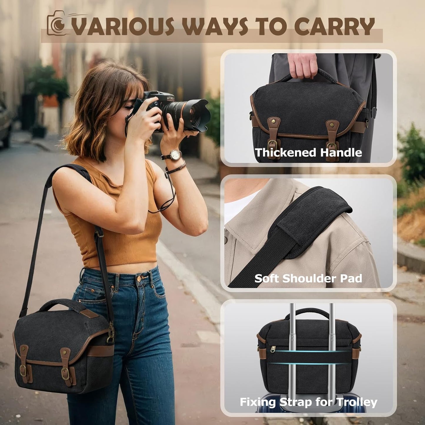 RAINSMORE Canvas Camera Bag, DSLR/SLR/Mirrorless Small Camera Sling Bags Cross-body Camera Case, Compact Shoulder Bag