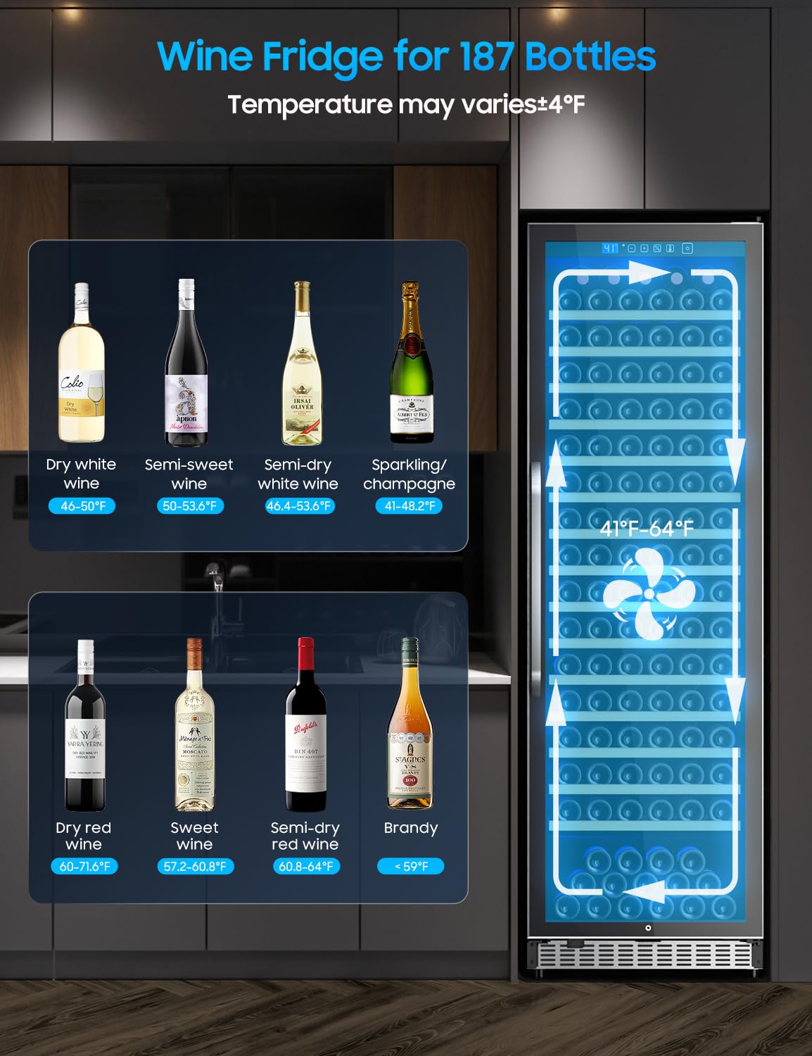187 Bottle Wine Cooler Refrigerator, 24 Inch Freestanding/Built-in Wine Fridge, Large Capacity Wine Cooler with Fast Cooling Quiet Compressor, 41℉-64℉ Temp Control for Home Office Kitchen, Wine Gift