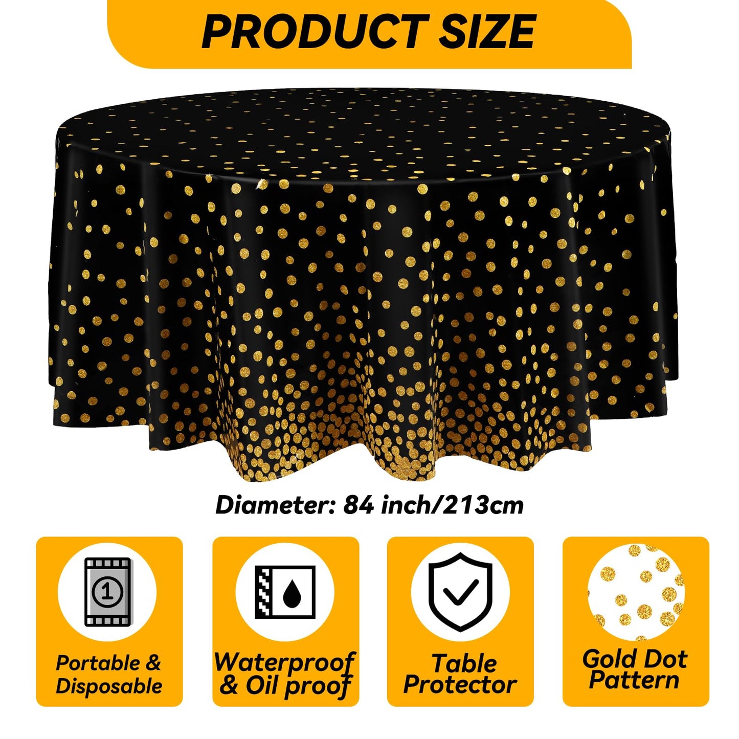 Newwiee 8 Pcs Round Dot Tablecloth 84 Inch Plastic Polka Dot Table Cover Disposable Confetti Tablecloths for Grad Wedding Bridal Shower Birthday Spring Graduate Party Decor (Black,Gold)