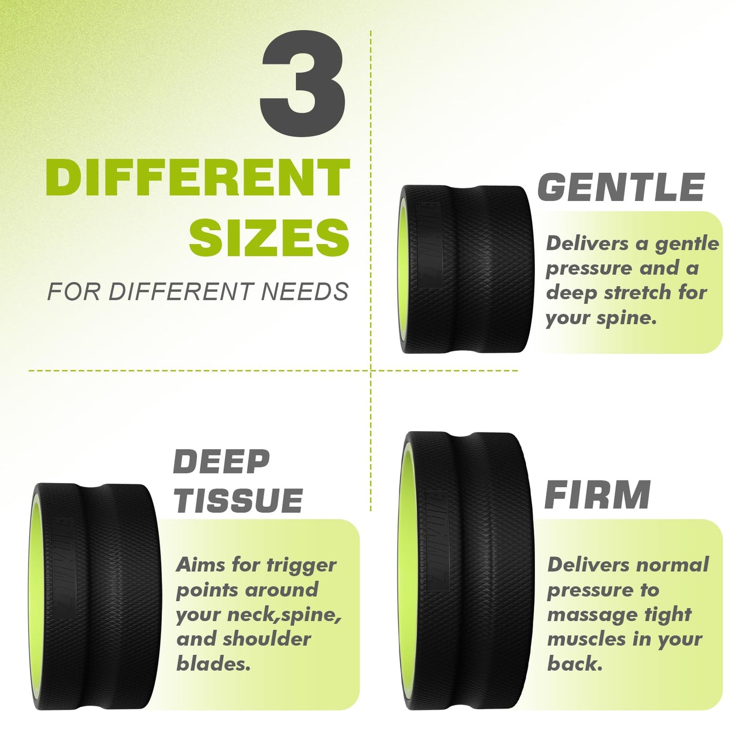 Back Roller Wheel - 3 Pack Yoga Foam Roller for Physical Therapy & Back Stretcher, Deep Tissue Massage for Pain Relief & Stretching | Green.