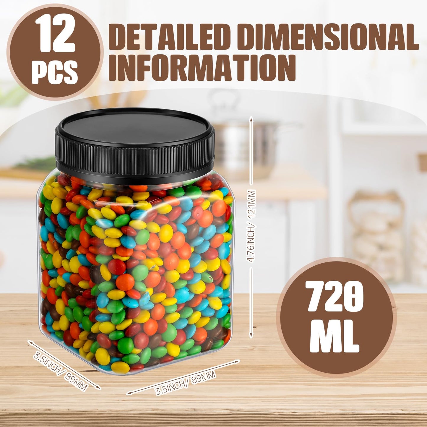 Nosiny 12 Pcs 24 oz Clear Plastic Jars with Lids Square Plastic Container Large Candy Jars with Screw on Lids Refillable Kitchen Storage Containers for Dry Food, Coffee (Black)