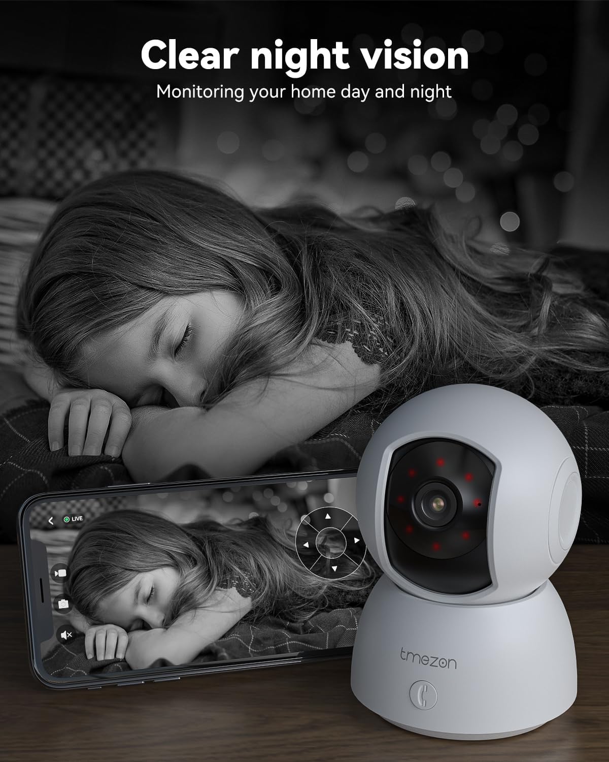 TMEZON 2K,Pan/Tilt 3MP 360 Indoor Security Camera Wi-Fi Pet Camera with Vicohome App WiFi IP HD Baby Camera