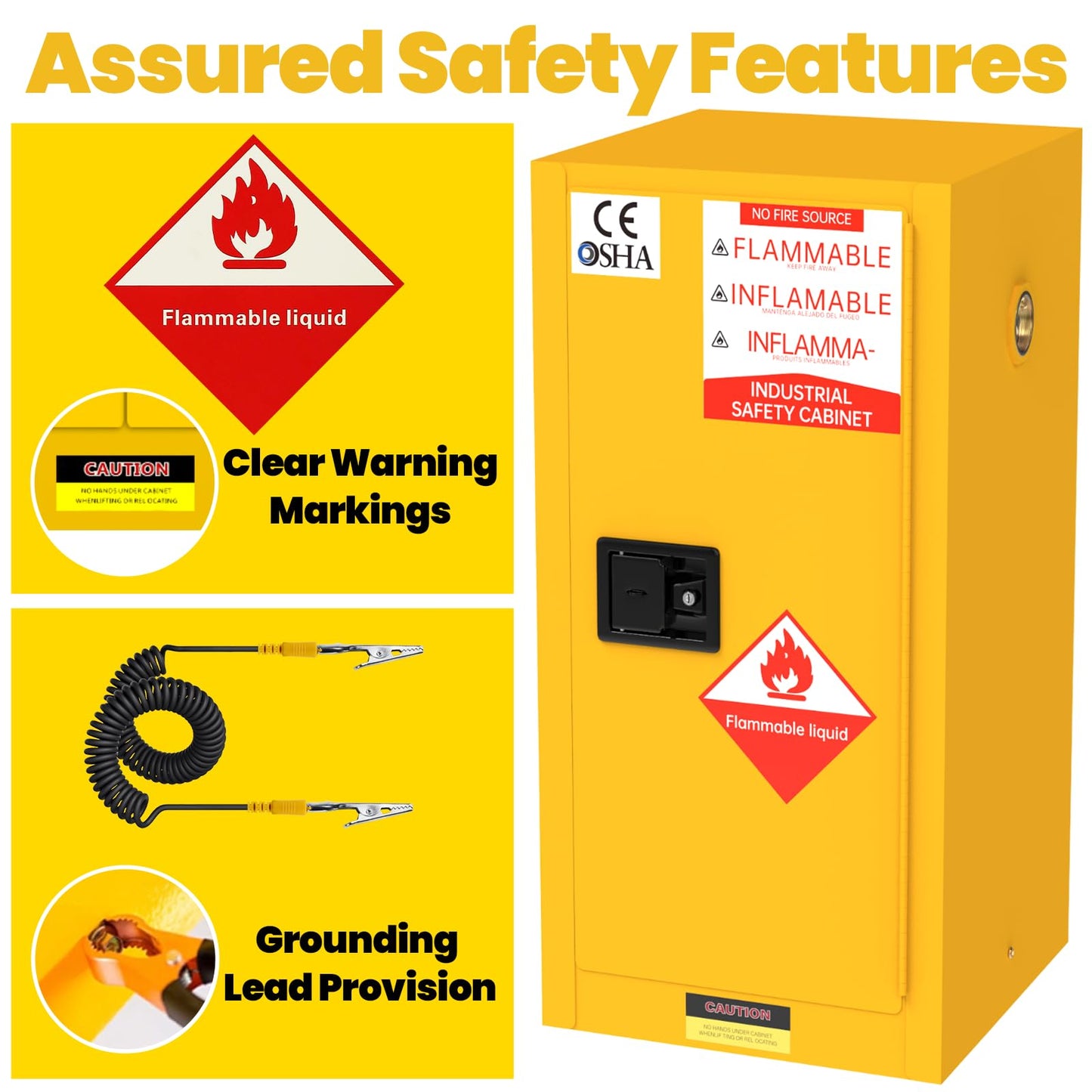 BLUEIAN 45 Gallon Flammable Storage Cabinet, 36" x 25" x 20" OSHA Fire Cabinet with ESD Grounding Cable, Stainless Steel Adjustable Shelf Flammable Safety Cabinet for Fireproof Chemical Storage