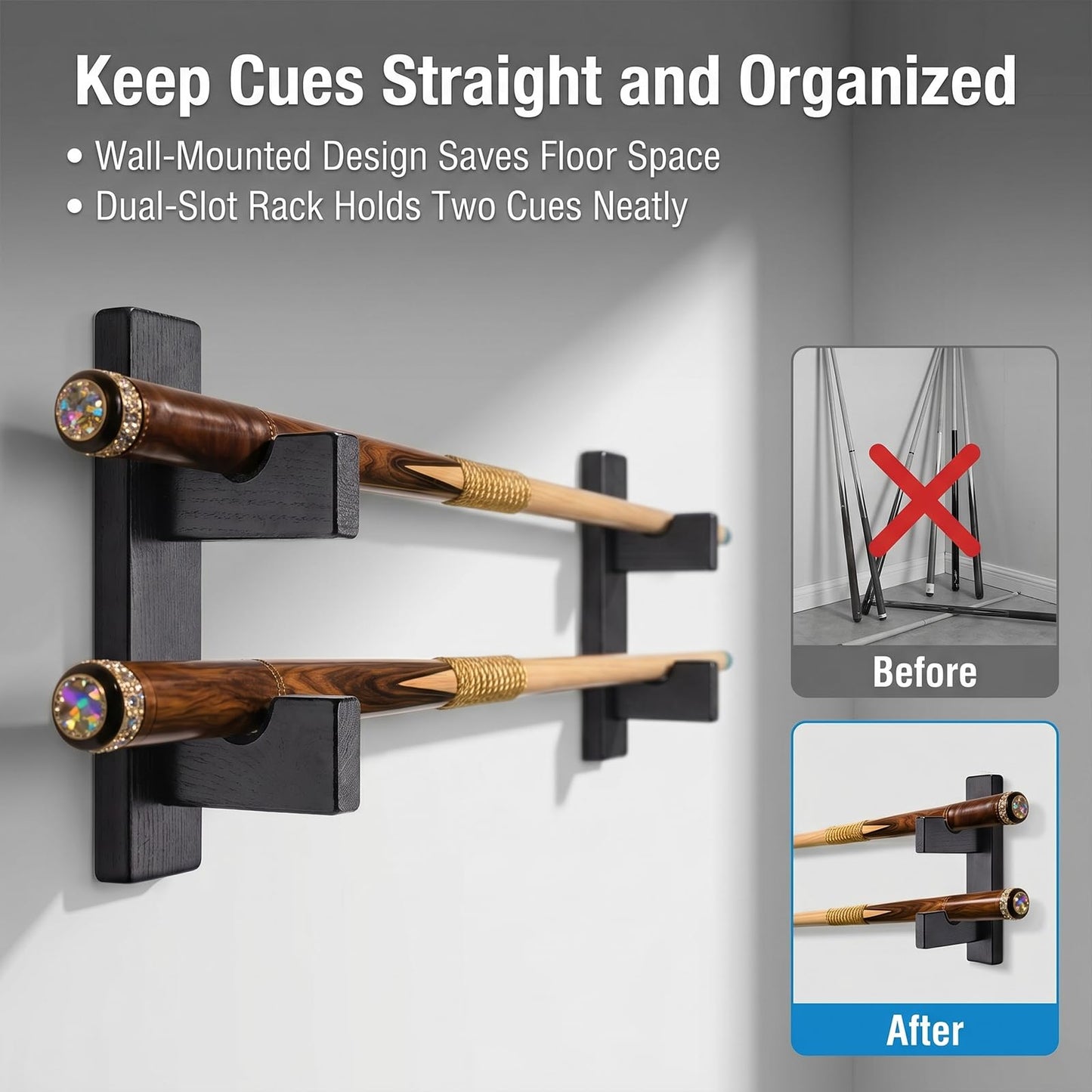 ERMMZHZW Pool Stick Holder Wall Mount Pool Stick Rack Billiard Cue Racks,Horizontally displays two billiard cues on the wall, Suitable for organizing billiard table accessories and equipment (1 pair)