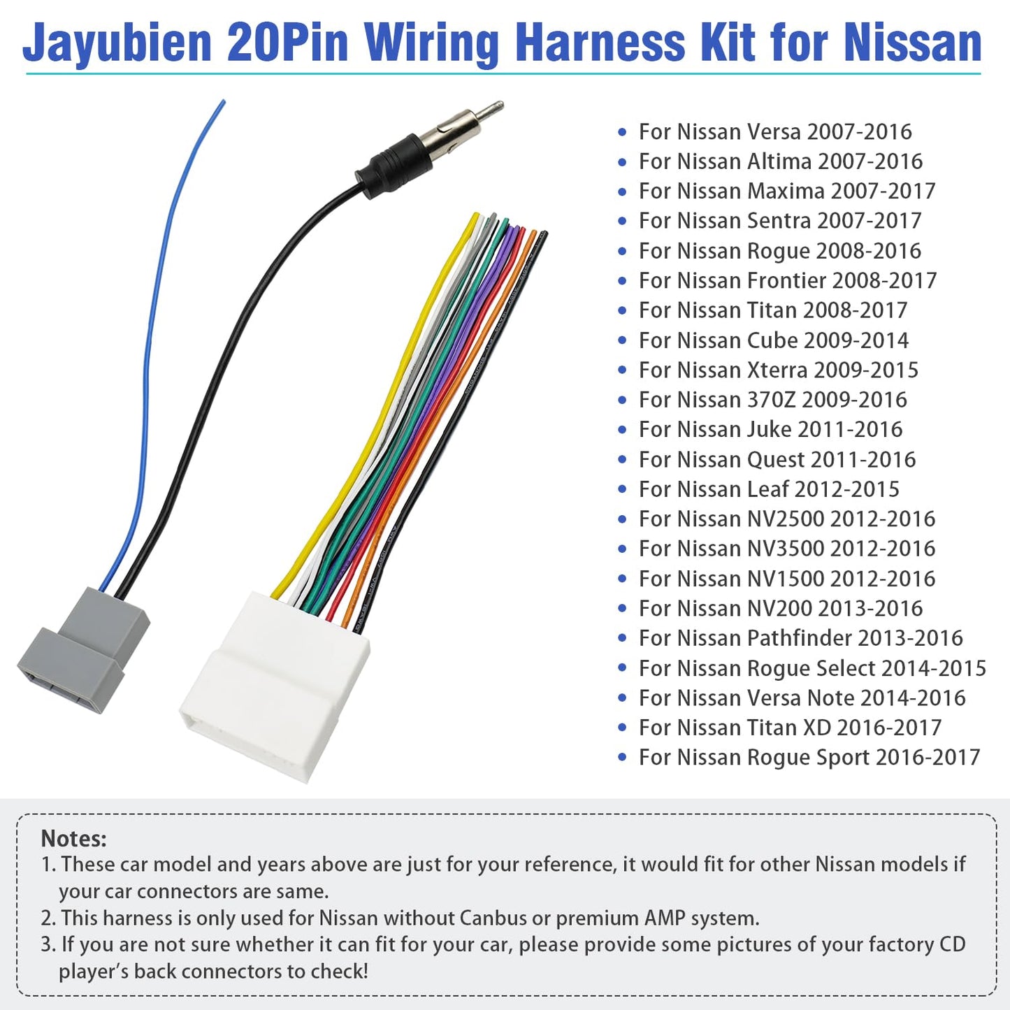 20Pin Wiring Harness for Nissan Radio Wire Antenna Adapter Kit Compatible with Altima Versa Sentra Frontier Xterra