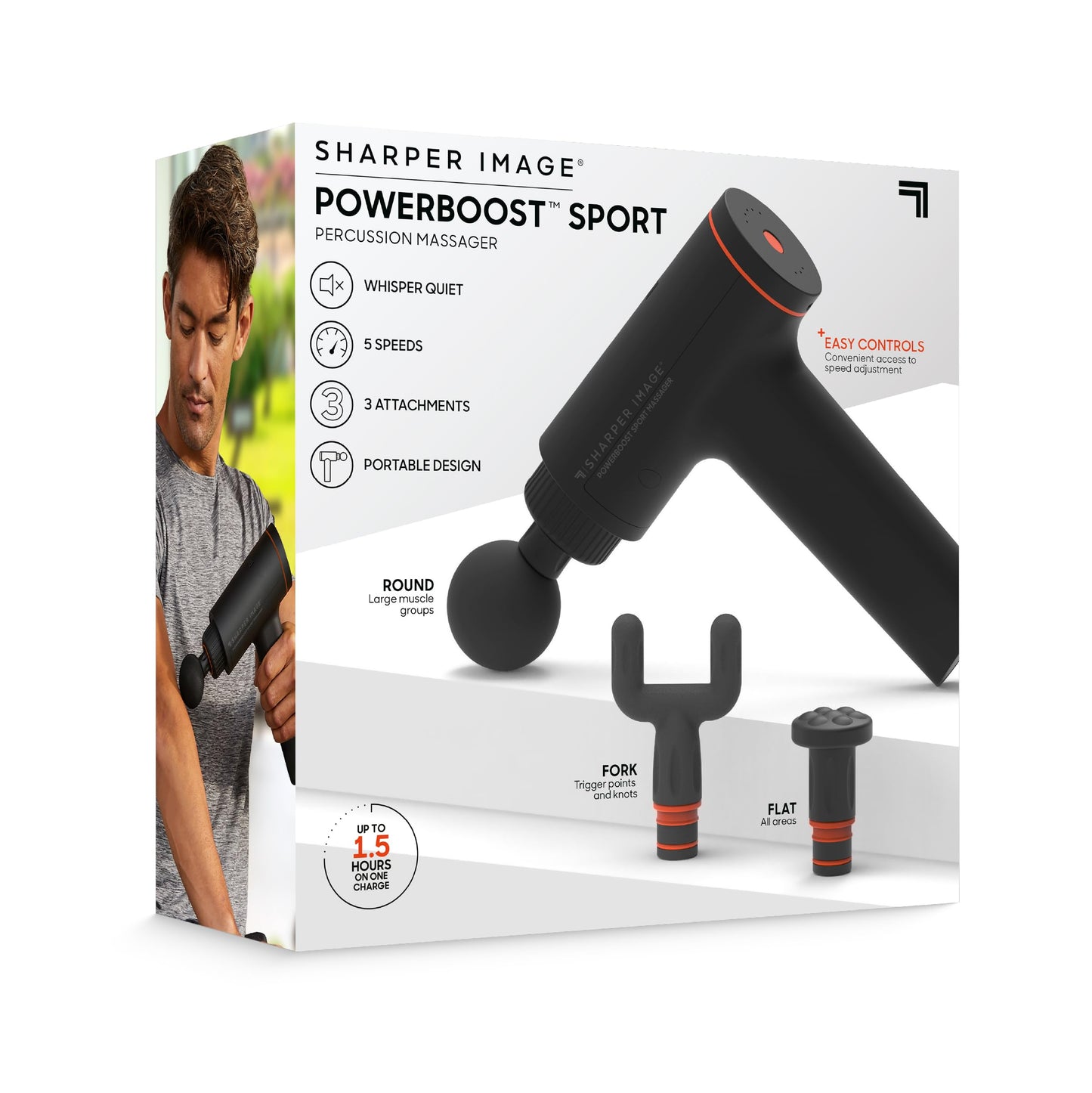 Sharper Image® Powerboost™ Sport Percussion Massager, Lightweight Portable Design with Quiet Drive Technology, Includes 3 Attachments