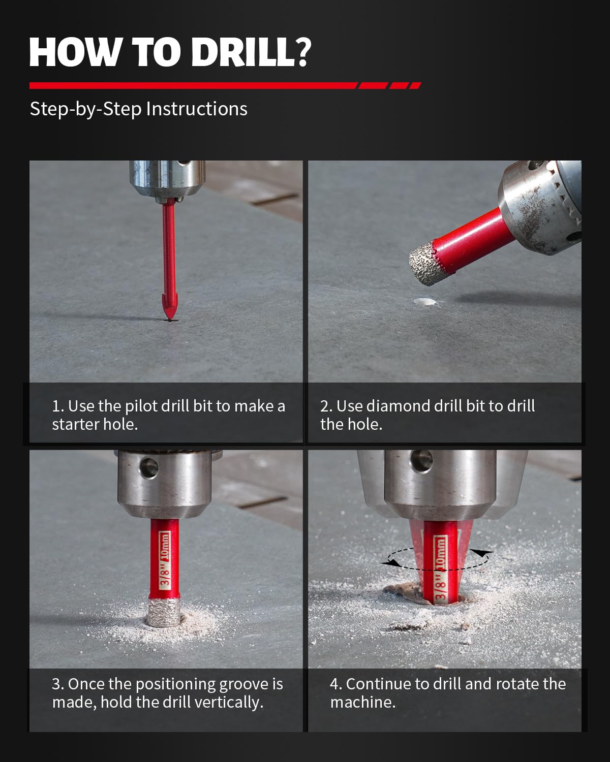 DAYDOOR Dry Diamond Drill Bits Set, 1/4" 5/16" 3/8" 1/2" Diamond Hole Saw Kit for Porcelain Tile Ceramic Glass Marble Granite, Tile Drill Bits with Cooling Wax, Round Shank (10-Piece)