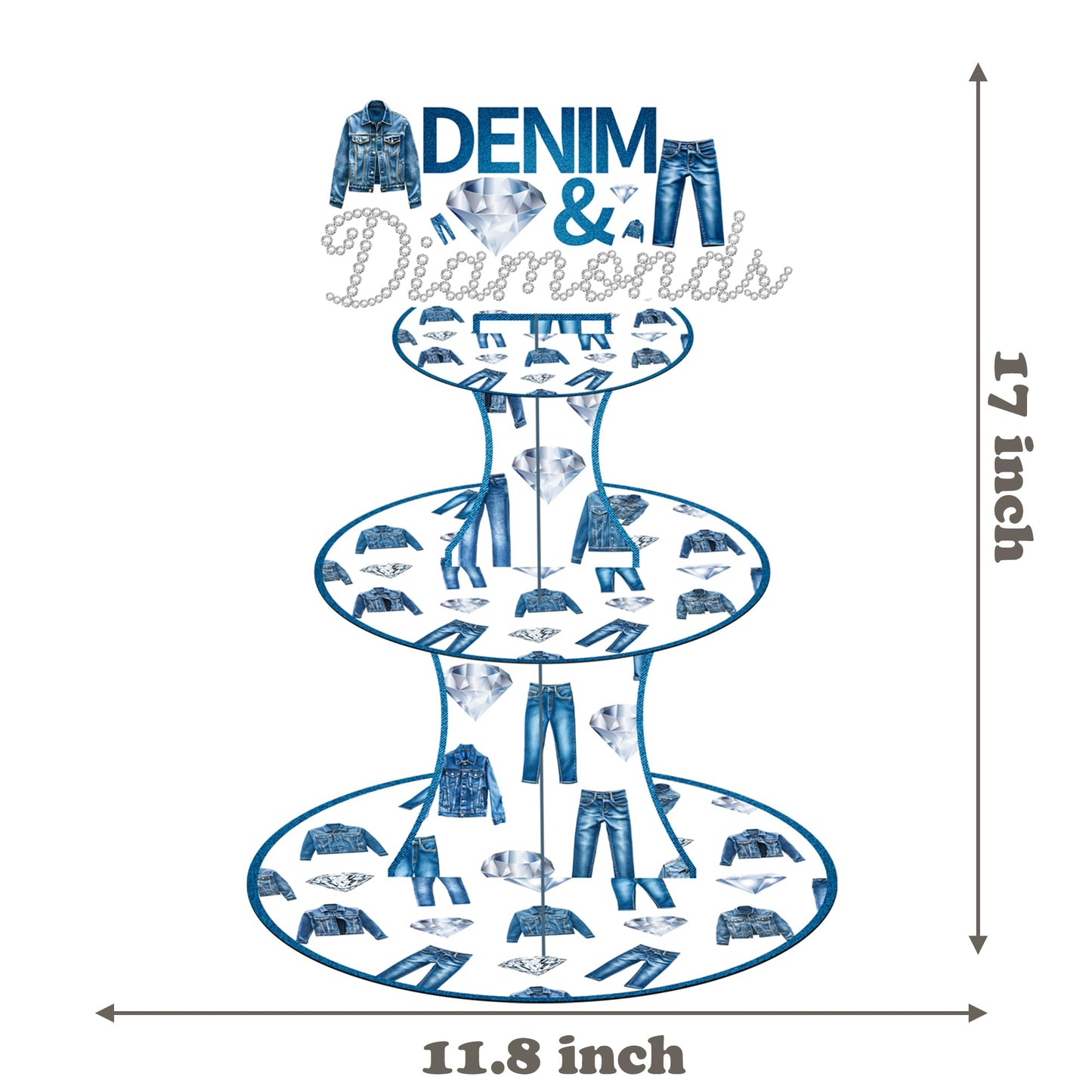 umoni Denim and Diamonds Cupcake Stand 3-Tier Denim Jean Cupcake Holder Denim Themed Party Dessert Tower for Crystal Diamonds Party Supplies