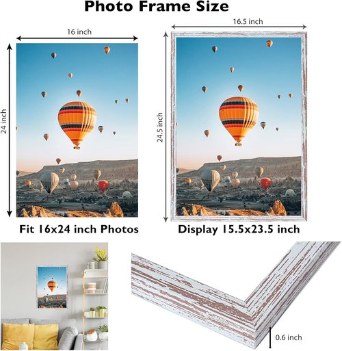 JCJMY 16x24 Rustic White Picture Frame - Versatile Wall Hanging for Photos & Canvas, Horizontal/Vertical