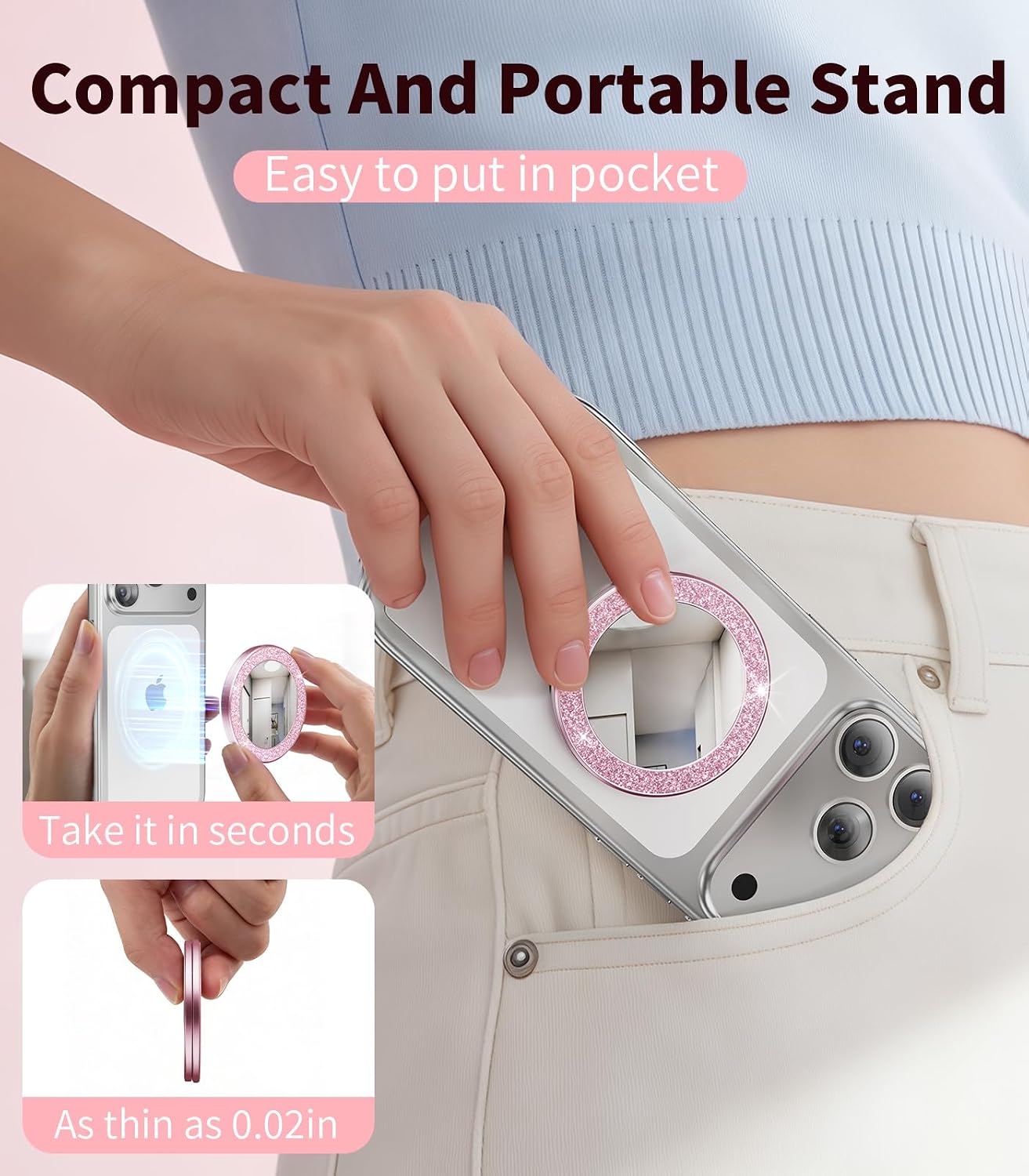 Blissfuhue 17/16/15/14 Portable Double-Sided Magnetic Phone Holder with Mirror, for Magnetic Phone GripFoldable