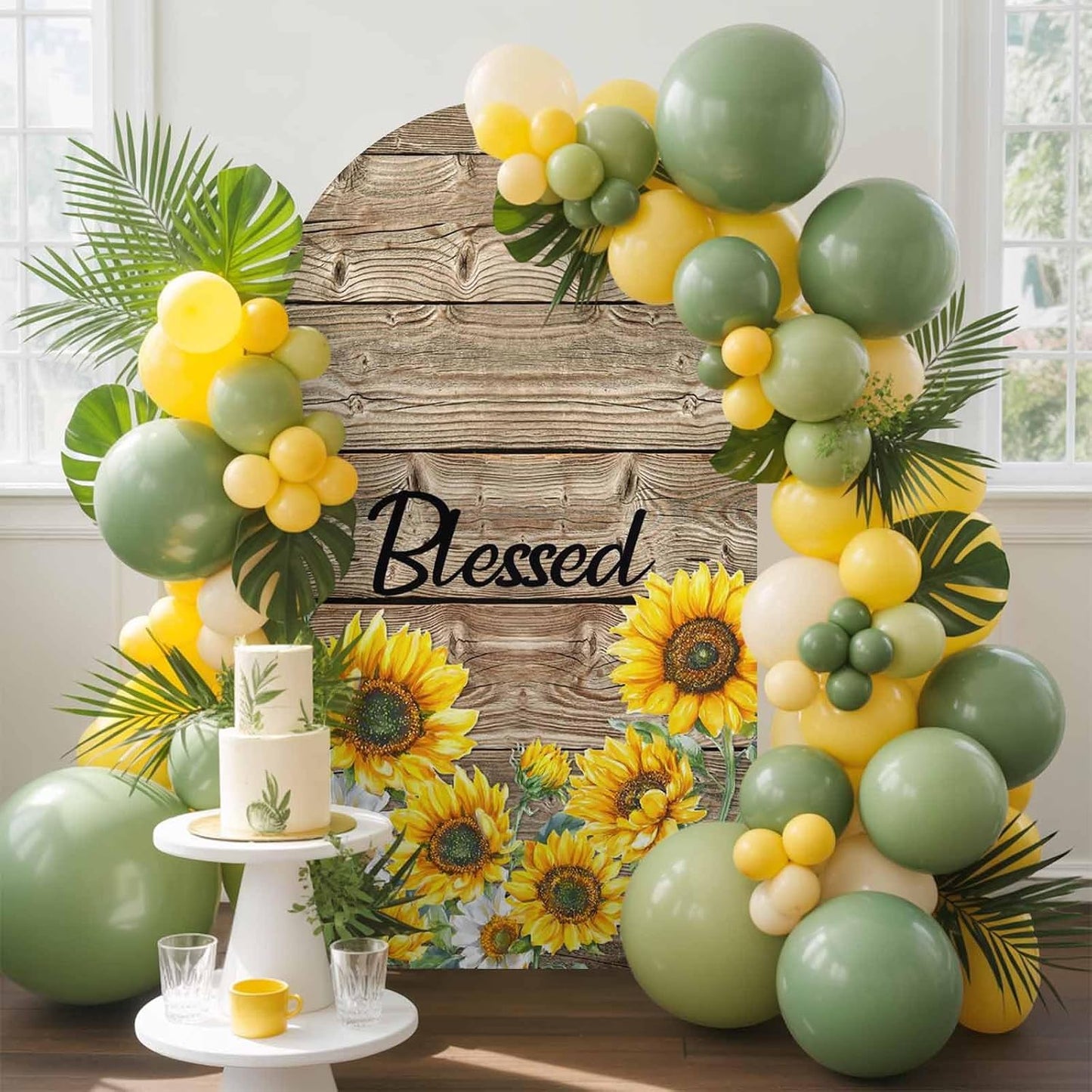 Jnbasdffb 7.2 Country Yellow Sunflowers Wedding Arch Cover,Stretchy Spandex Arch Backdrop Stand Covers FT,Vintage Wood