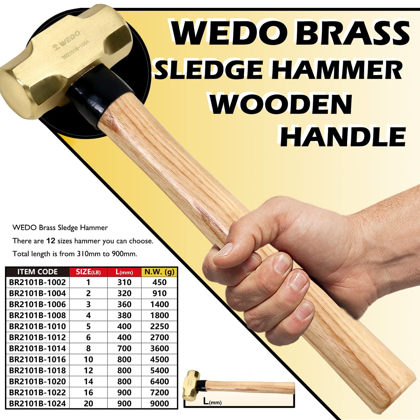 WEDO Brass Sledge Hammer with Wooden Handle, 5lb, 400mm, 16"