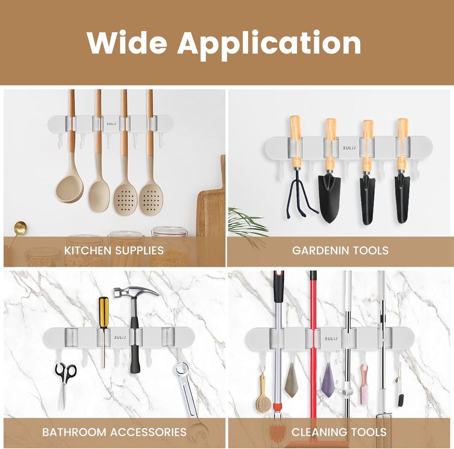 Skiennix Broom Holder Wall Mount - No-Drilling Self-Adhesive Storage Rack with Hooks | 2 Pcs, White