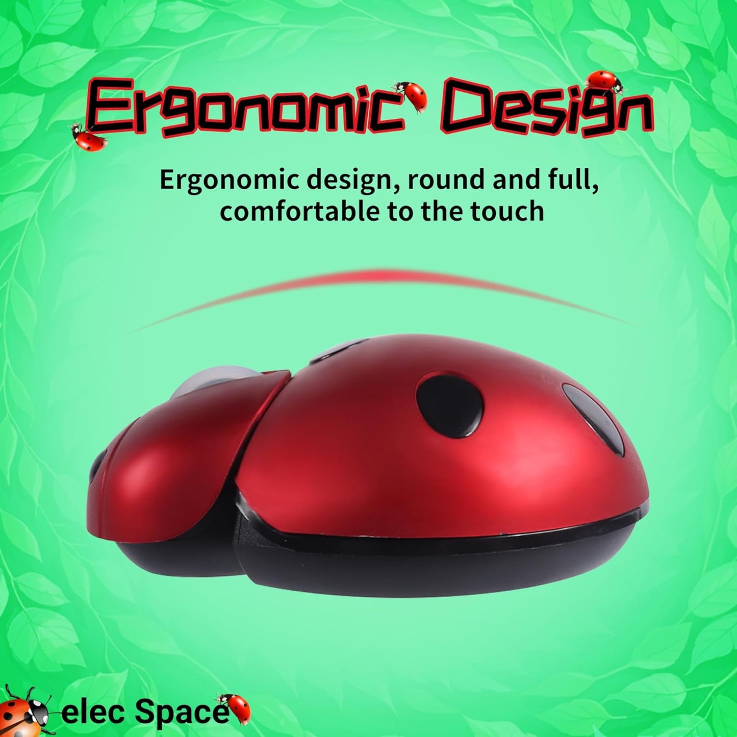 elec Space Wireless Mouse for Laptop & Kids, Cute Ladybug Shape Ergonomic Mouse with Case, Cordless for Laptop, PC, Mac