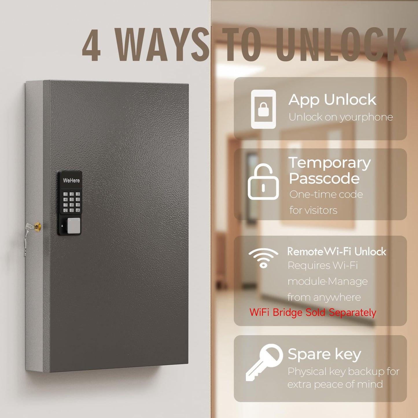 WeHere 192-Key Smart Key Lock Box with Key Management App(Track Key Borrow/Return), Keypad, Bluetooth & WiFi Unlock (Sold Separately), Wall-Mount Commercial Key Cabinet for School, Rental, Office