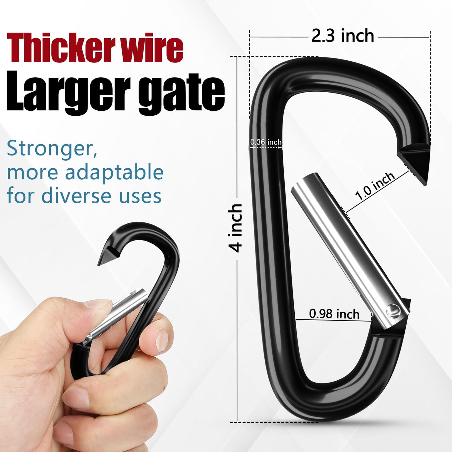 sprookber 4" Heavy Duty Aluminum Carabiners, Large D-Ring Clips, Spring Snap Hooks for Camping, Hiking, Keychain, Dog Leash (Set of 4, Black)