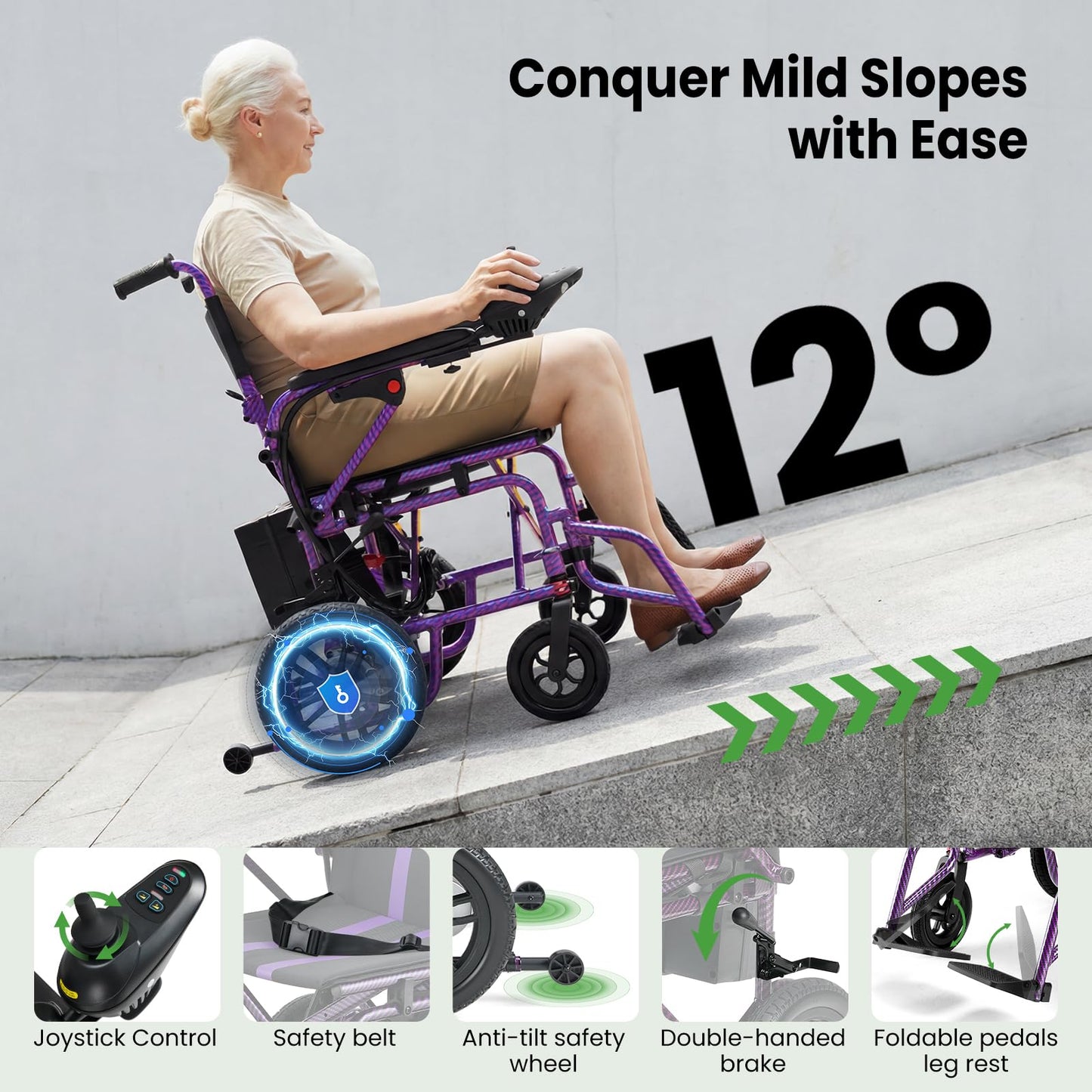Electric Wheelchairs for Adults，Lightweight Foldable Wheelchair 15 Miles Long Travel Range, 360° Joystick Control Motorized Wheelchair, Support 286 lbs with LED Light Power Wheelchair (Purple)